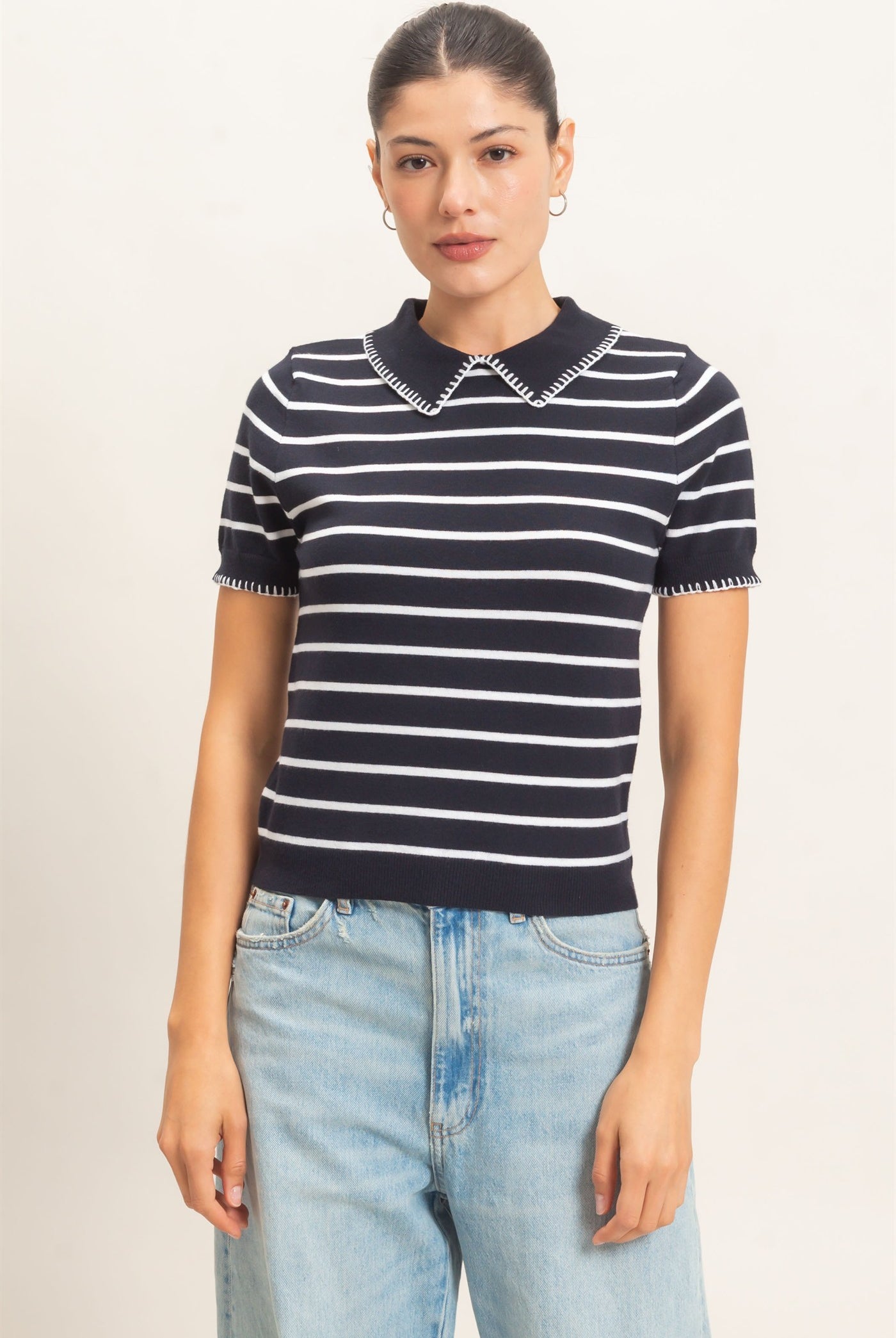 Wholesale Striped Polo Collar Sweater Sweaters HF26E233 NAVY HYFVE