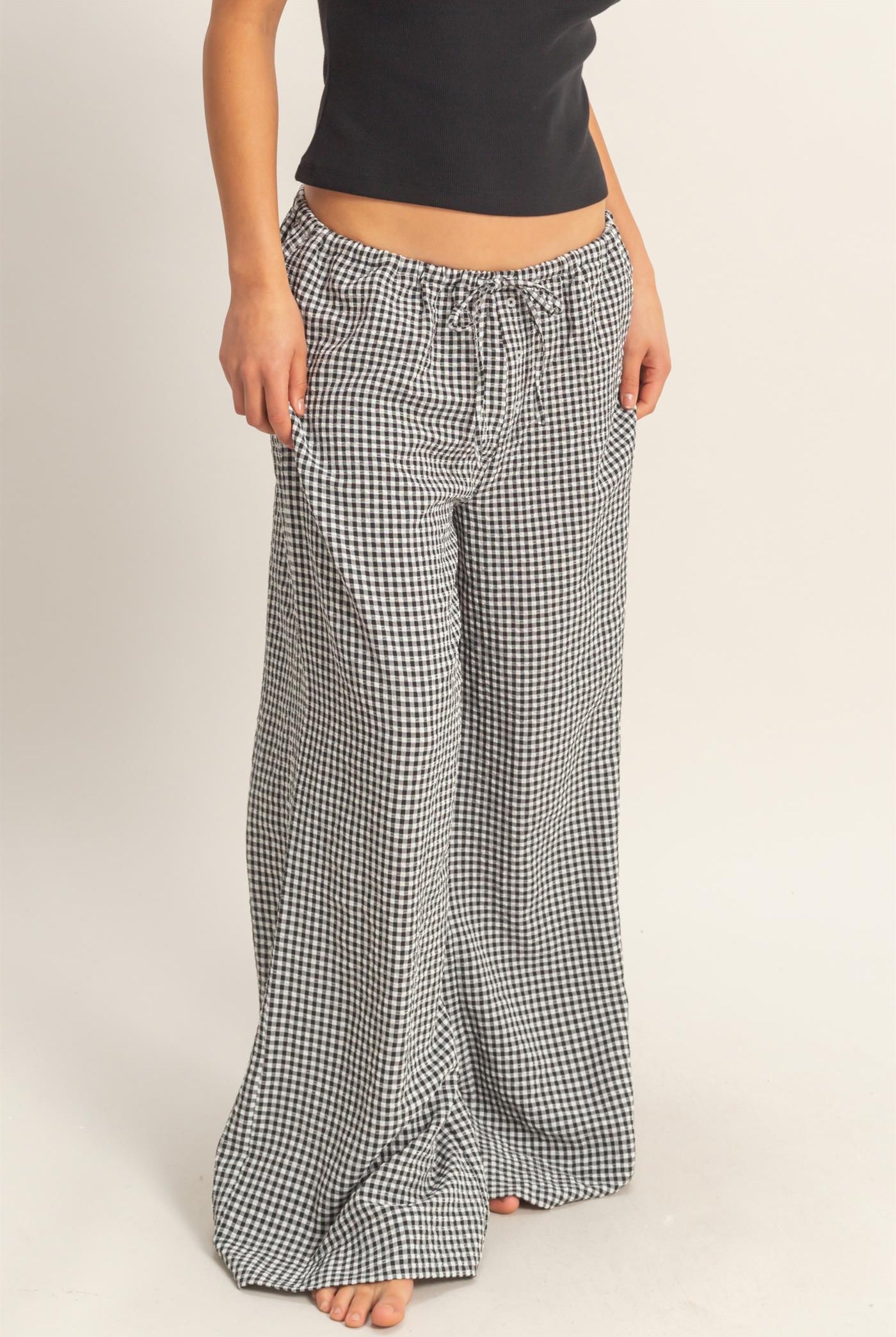 Wholesale Gingham Drawstring Wide-Leg Pants Pants DZ26C202 BLACK DOUBLE ZERO