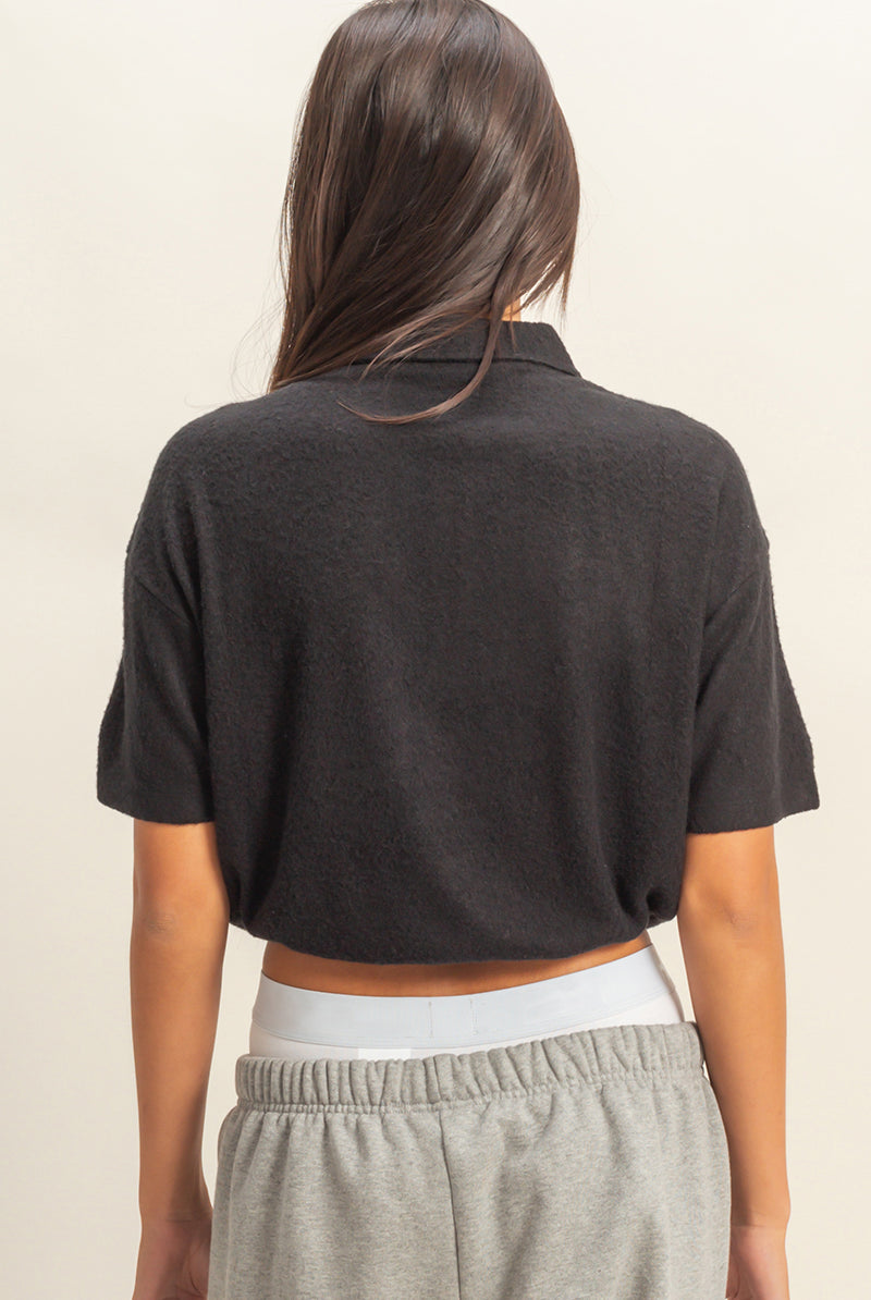 Wholesale Collared Short Sleeve Crop Top Clothing Tops DZ22A477 BLACK DOUBLE ZERO