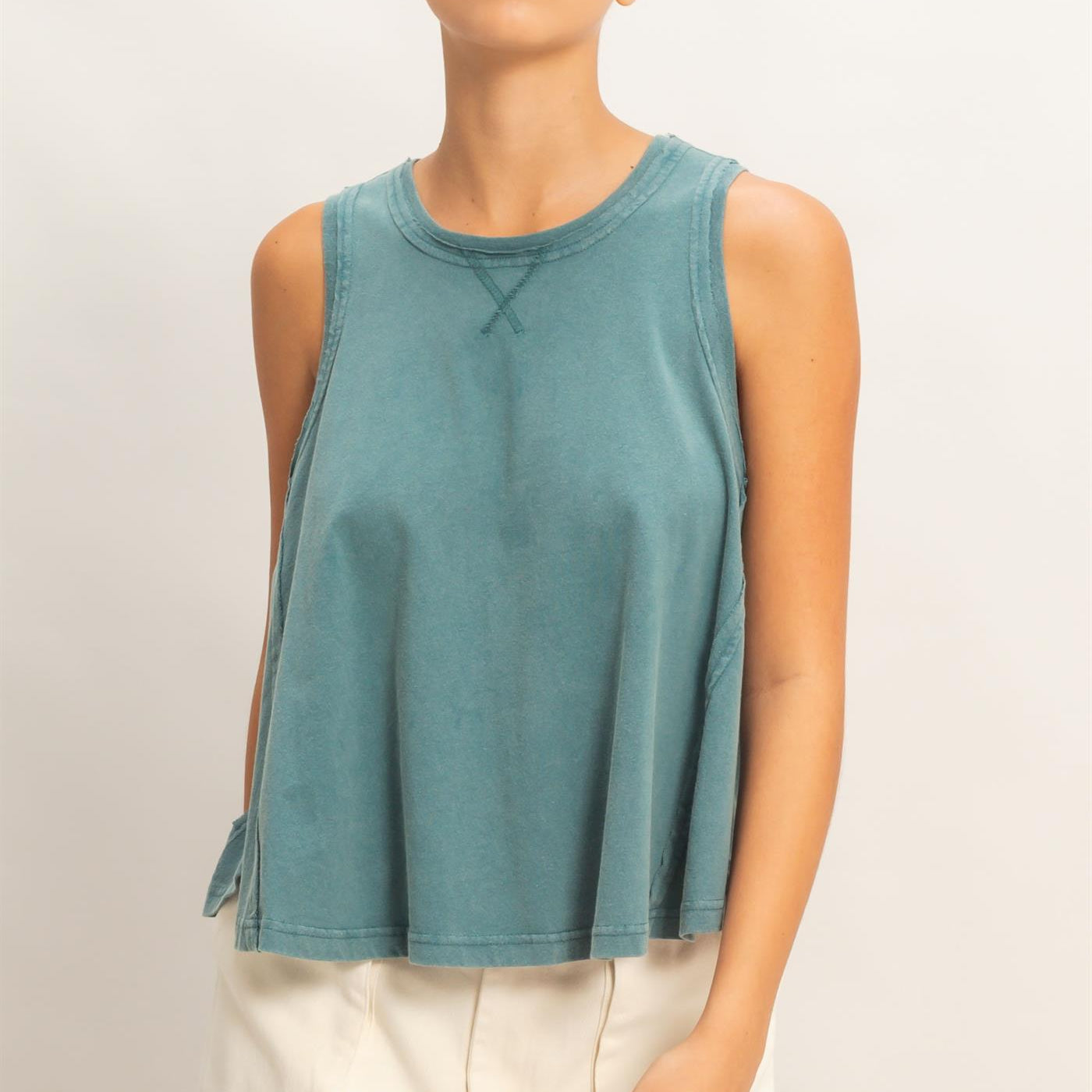 Wholesale Raw Edge Details Sleeveless Washed Top Clothing Tops DZ26E278 DARK TEAL DOUBLE ZERO
