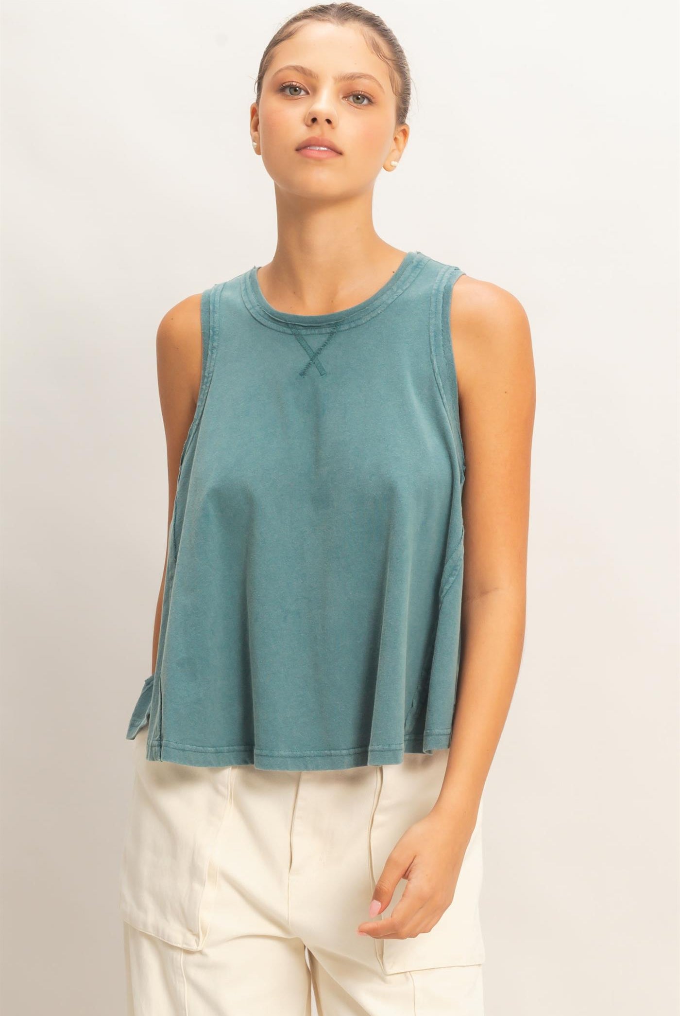 Wholesale Raw Edge Details Sleeveless Washed Top Clothing Tops DZ26E278 DARK TEAL DOUBLE ZERO
