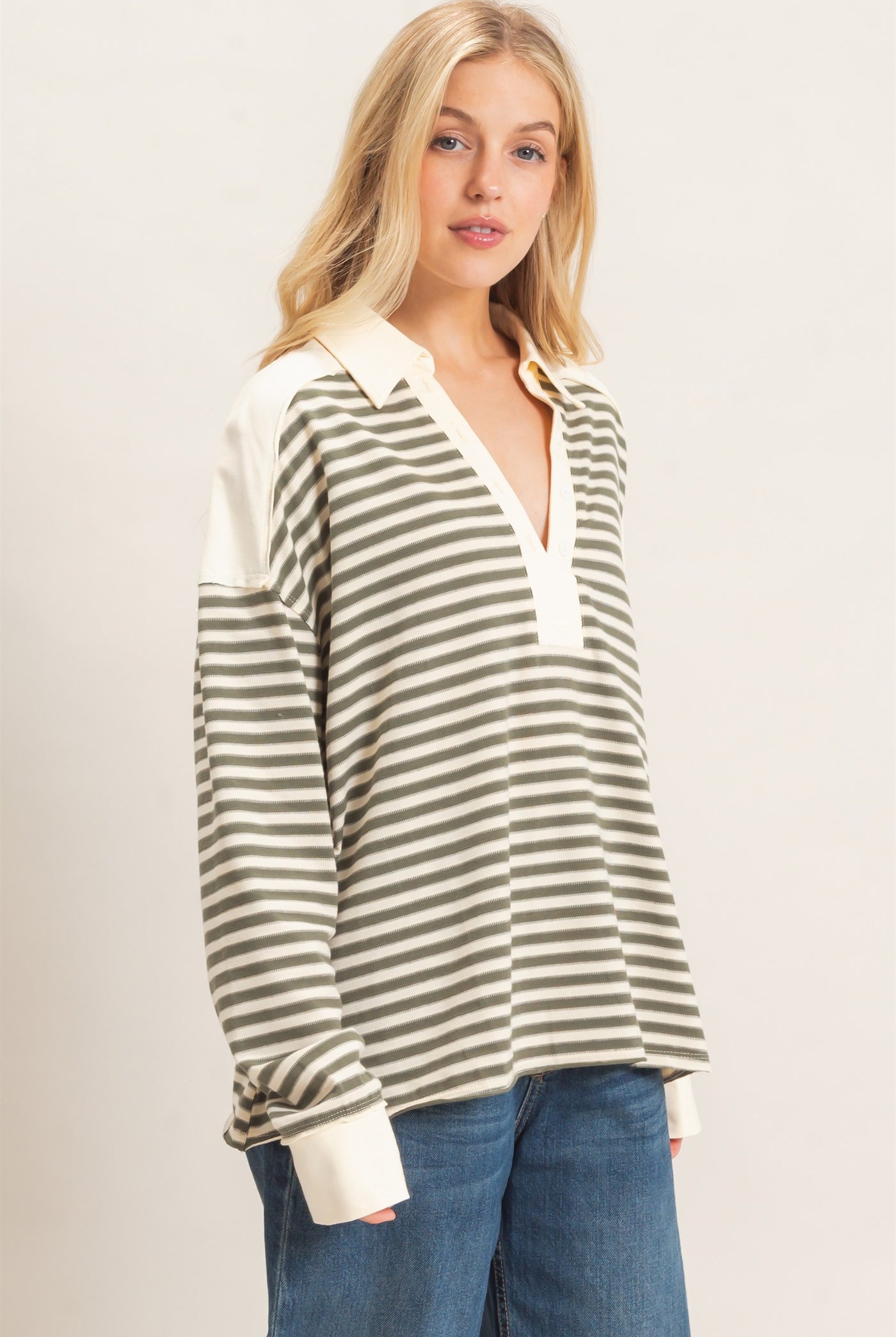 Wholesale Striped Henley Sweatshirt Clothing Tops HF26F089 OLIVE GRAY HYFVE
