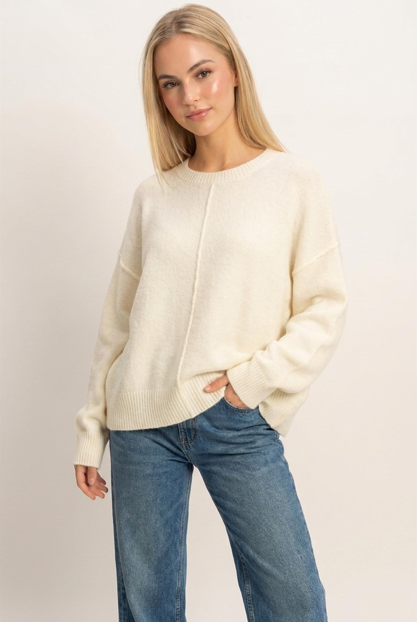 Wholesale Crew Neck Seam Detail Sweater Sweaters DZ26E240 CREAM DOUBLE ZERO