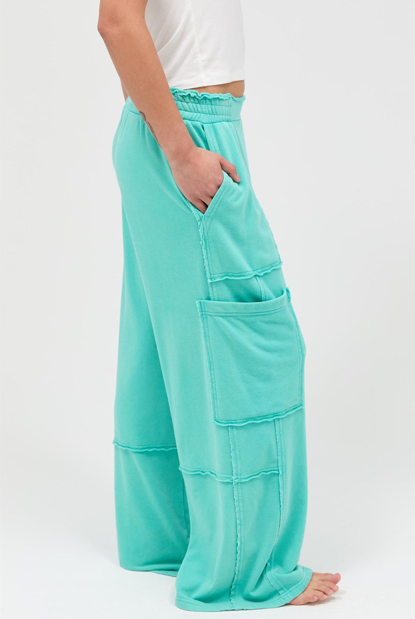 Wholesale Mineral Wash Wide Leg Cargo Pants Pants DZ26A256 TURQUOISE DOUBLE ZERO