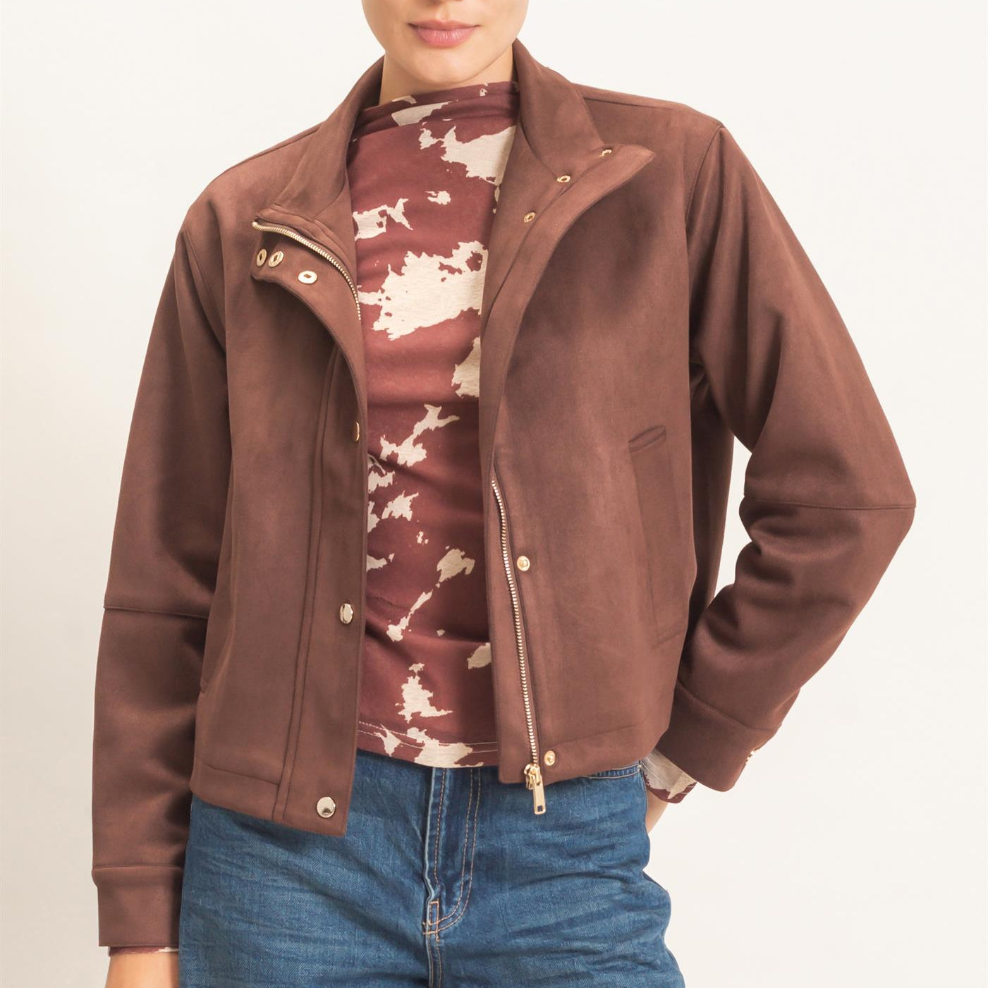 Wholesale Collar Suede Snap Jacket Coats & Jackets HF26E373 CHESTNUT HYFVE