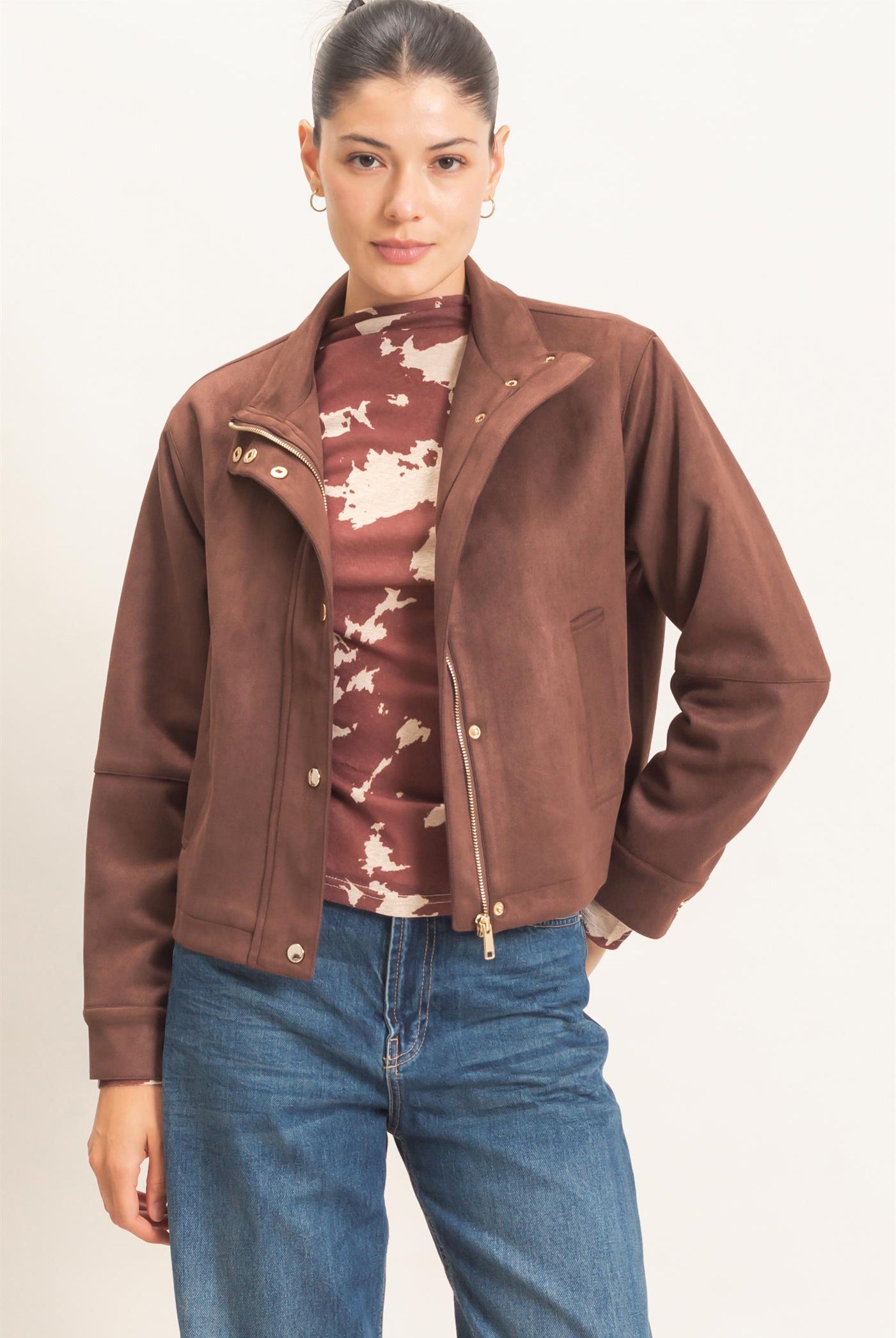 Wholesale Collar Suede Snap Jacket Coats & Jackets HF26E373 CHESTNUT HYFVE