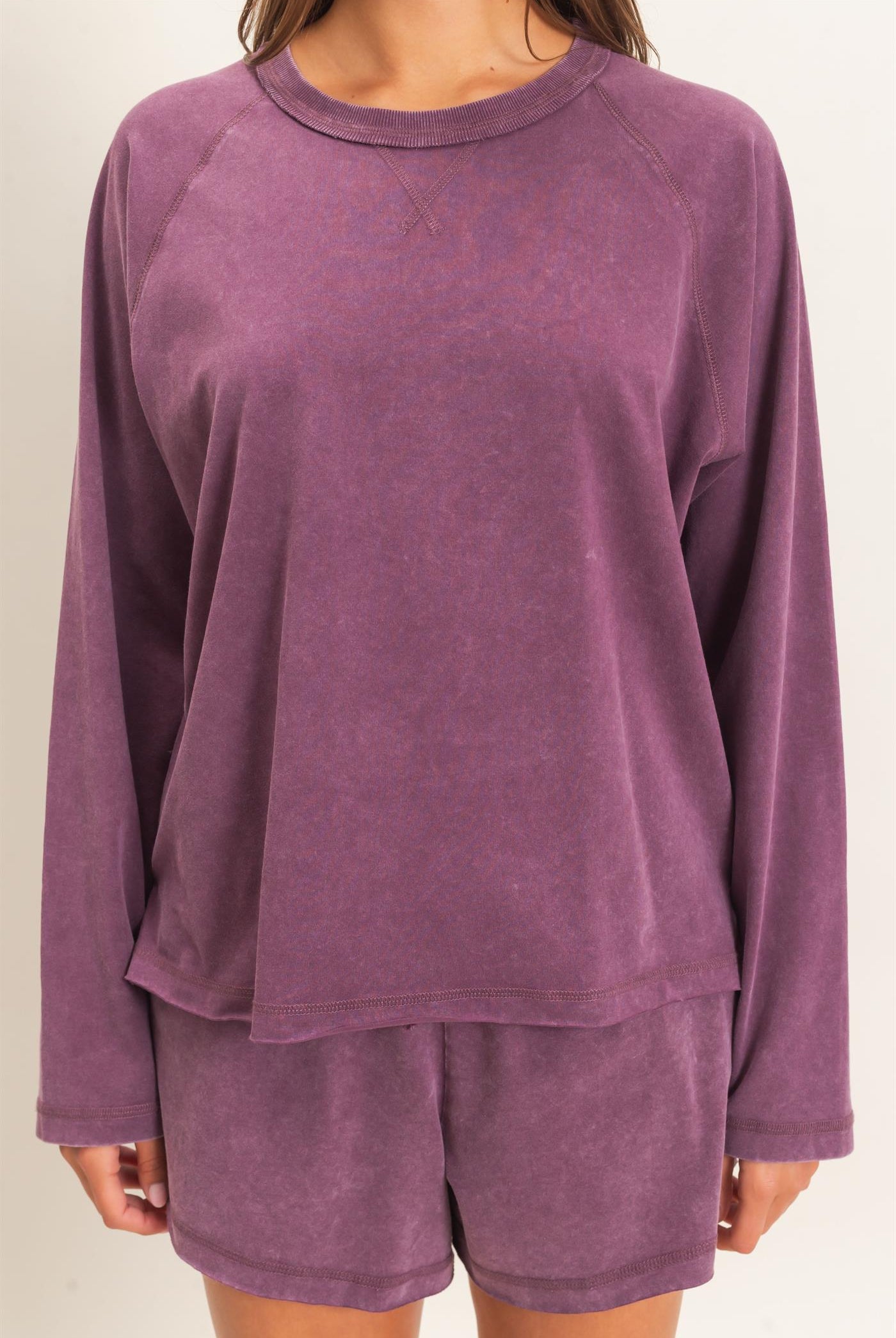 Wholesale Mineral Wash Long Sleeve Raw Edge Top & Shorts Set Clothing DZ26F403-SET DARK CHERRY DOUBLE ZERO