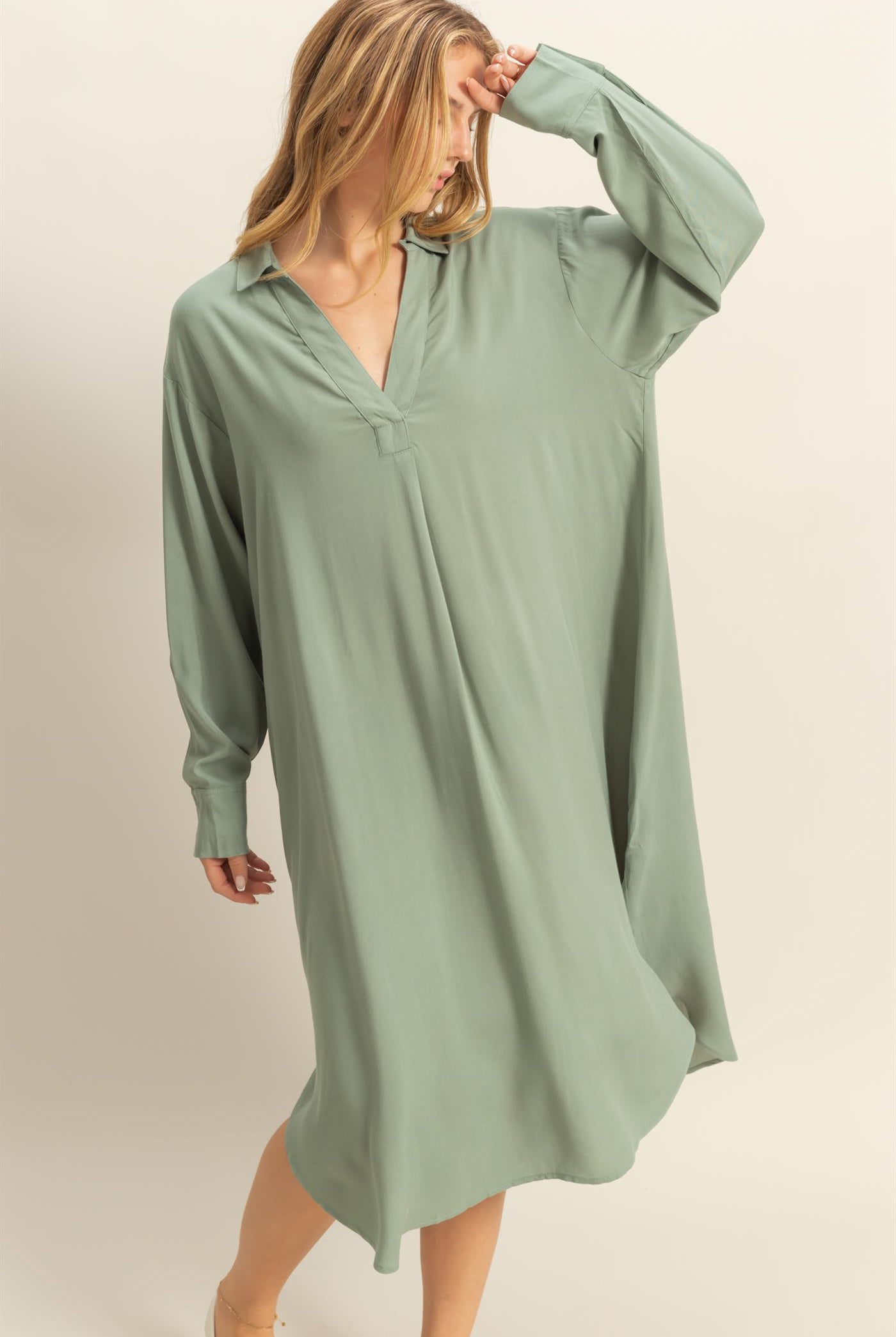 Wholesale V-Neck Long Sleeved Midi Shirts Dress Dresses DZ24E706 SAGE GREEN DOUBLE ZERO