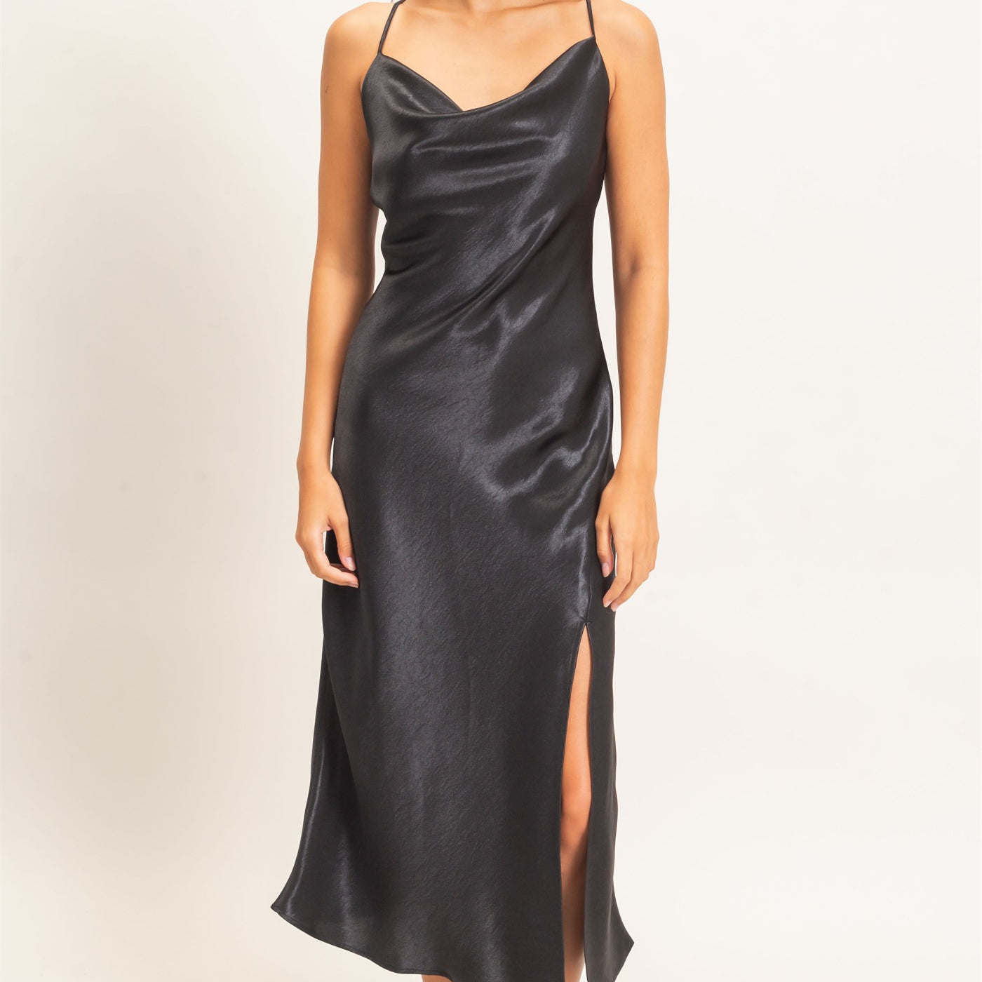 Wholesale Cowl Neck Satin Slip Dress Dresses DZ26E251 BLACK DOUBLE ZERO