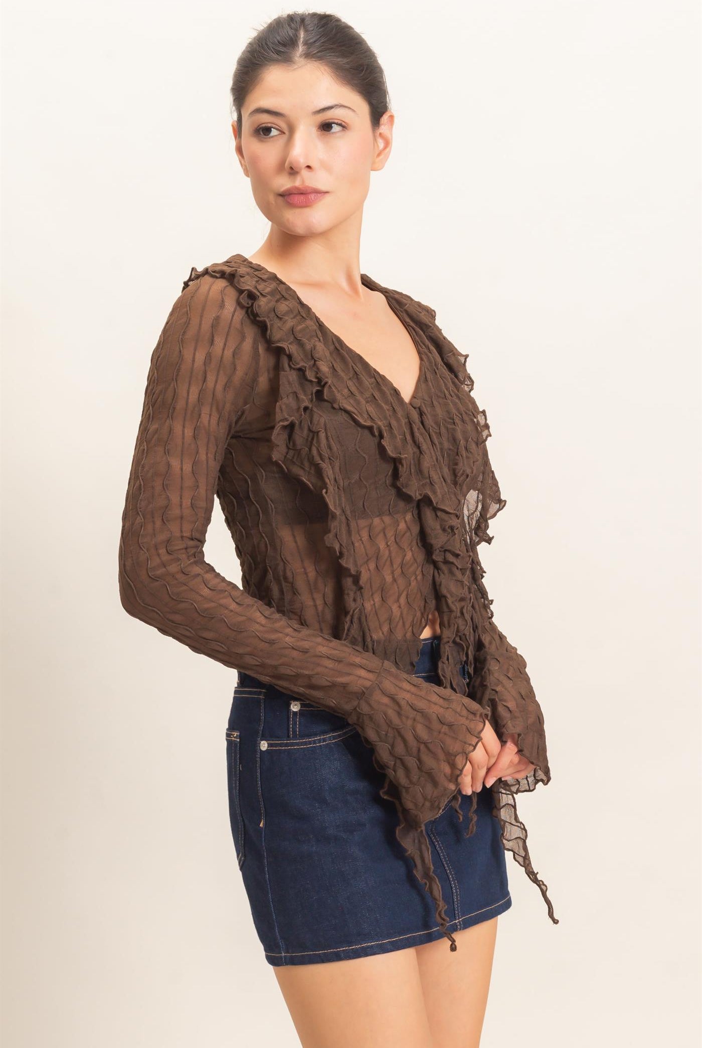 Wholesale Textured V-Neck Tie Front Top Blouses HF26F072 BROWN HYFVE