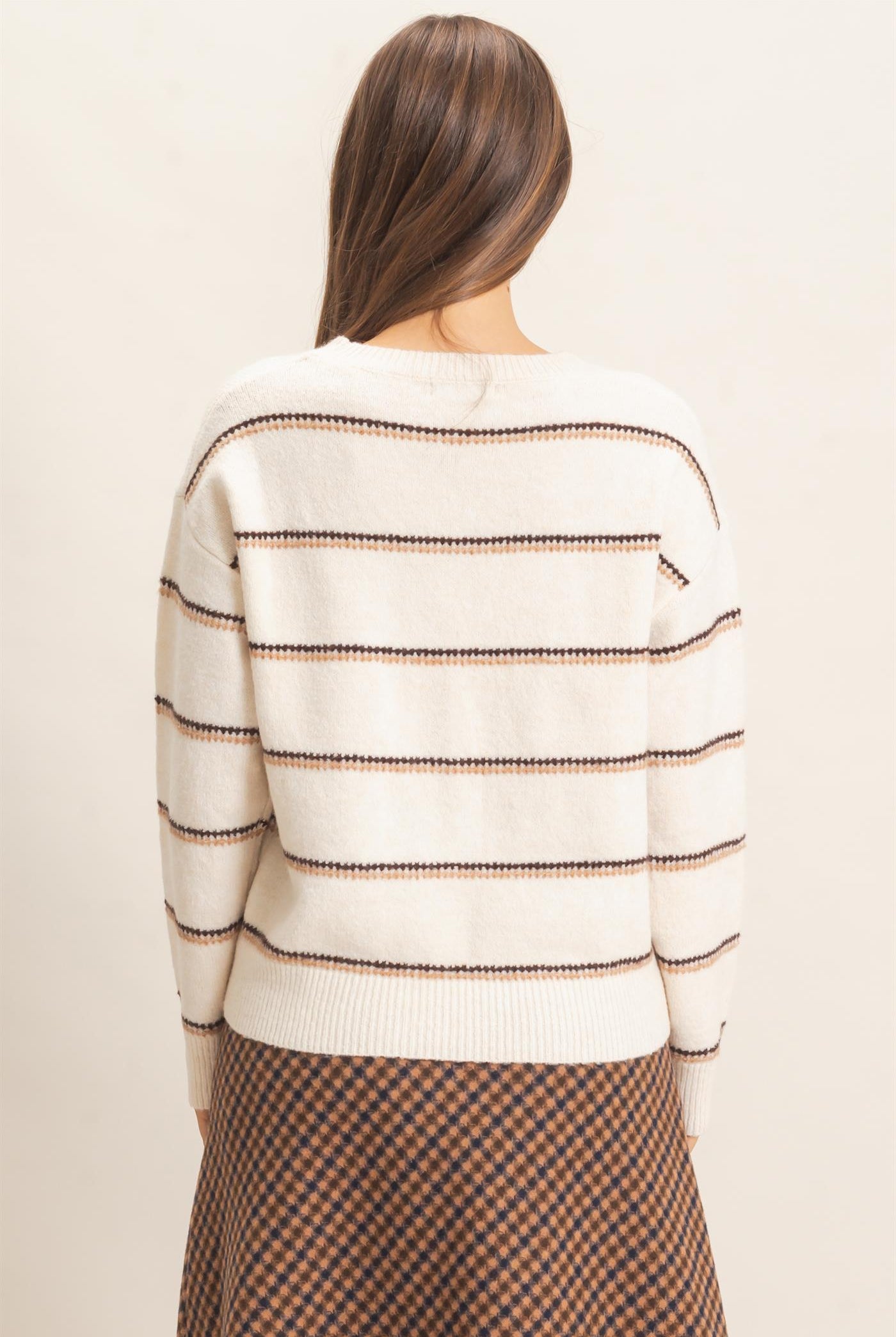 Wholesale Striped Crew Neck Sweater Sweaters HF26E696-D OATMEAL HYFVE