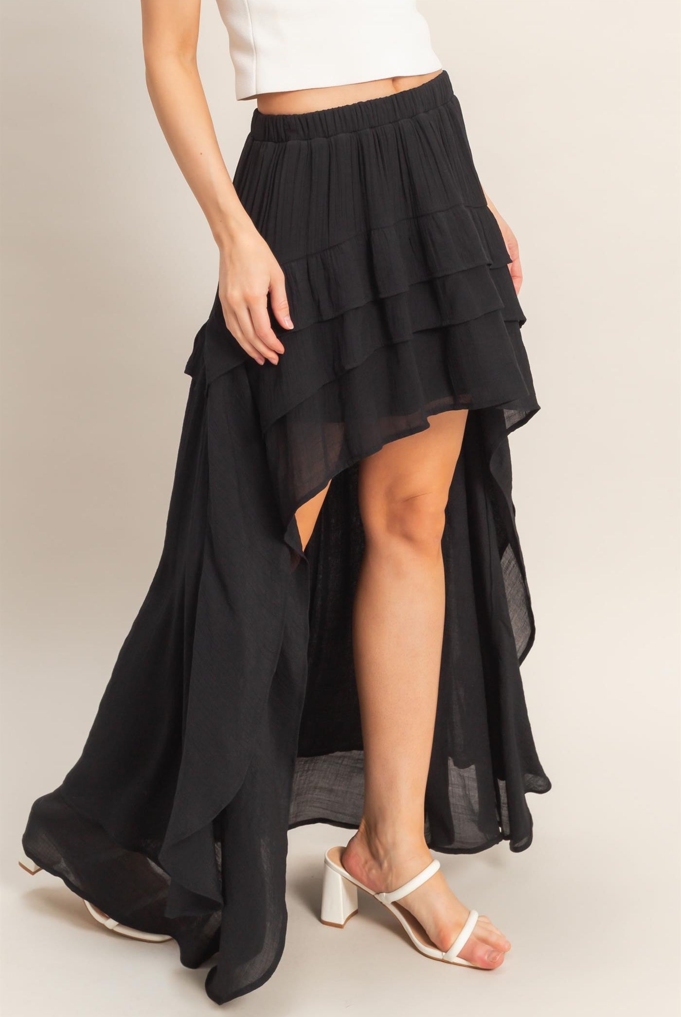 Wholesale Tiered Ruffle High-Low Skirt Skirts HF26C194 BLACK HYFVE