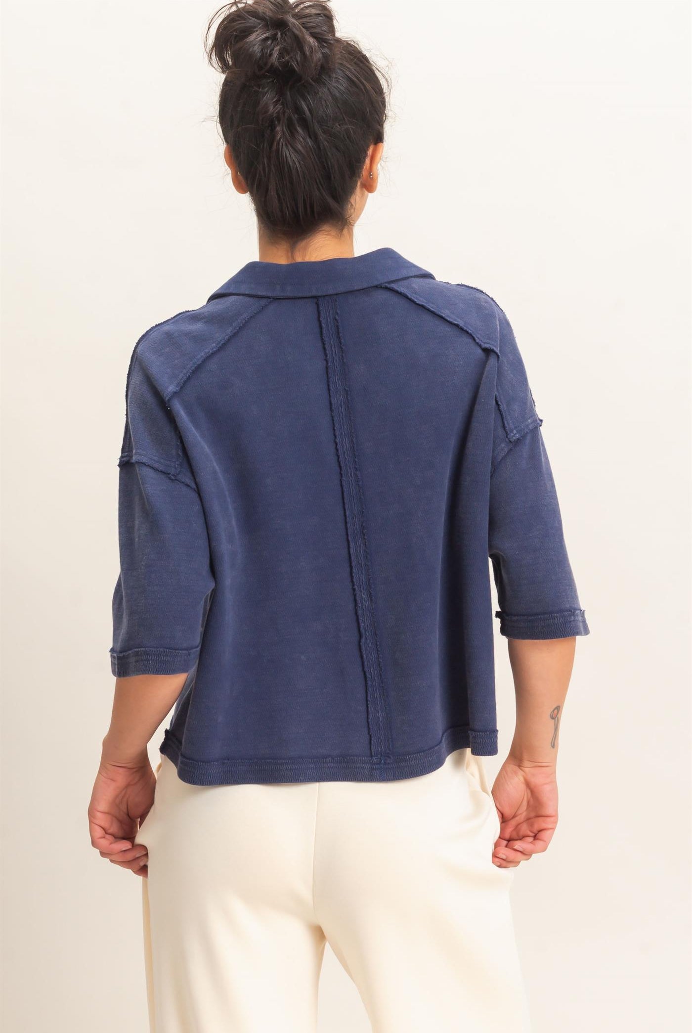 Wholesale Mineral Wash Oversized Collar Short Sleeve Top Clothing Tops DZ26E813 NAVY DOUBLE ZERO