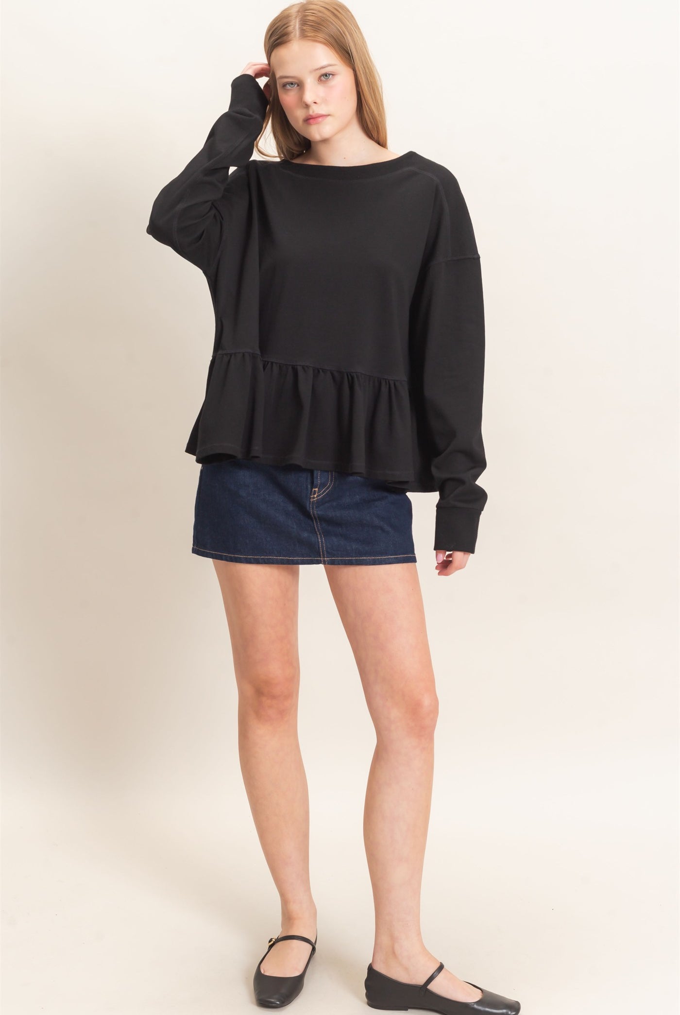 Wholesale Ruffled Hem Long Sleeve Top Clothing Tops HF26E065 BLACK HYFVE
