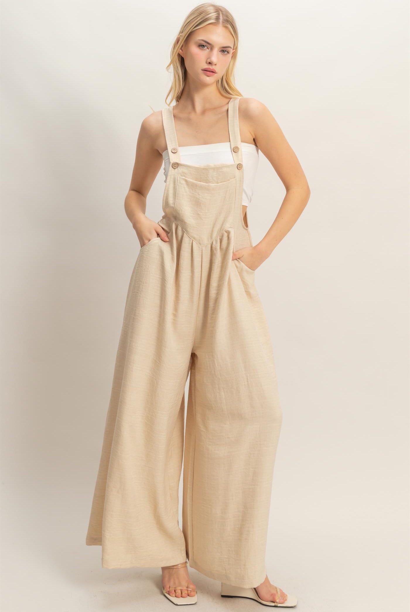 Wholesale Wide Leg Overall Jumpsuit Clothing HF26C322 OATMEAL HYFVE