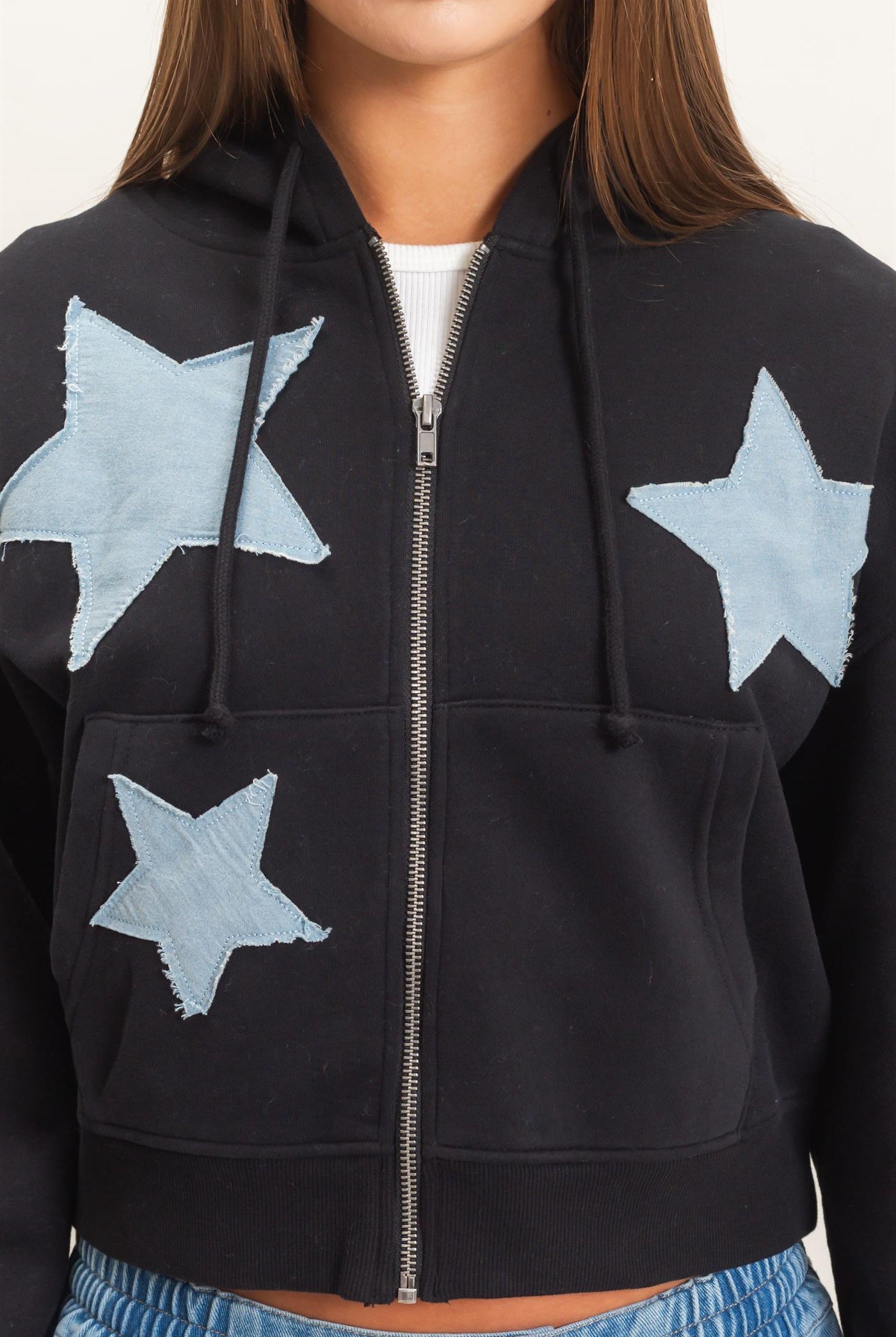 Wholesale Star Patch Zip-Up Hoodie Hoodies DZ26E828 BLACK DOUBLE ZERO