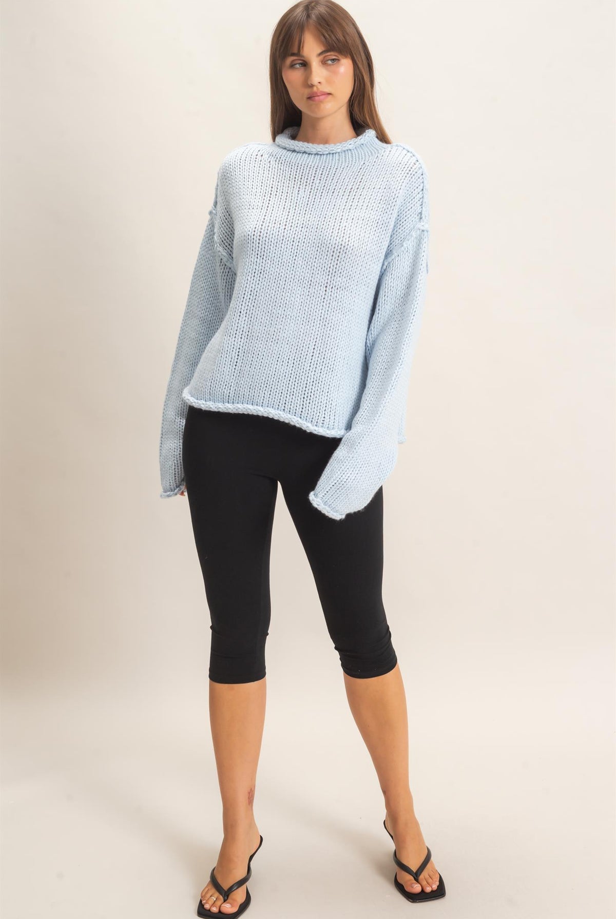 Wholesale Rolled Collar Loose Knit Sweater Sweaters HF26C859 LIGHT BLUE HYFVE