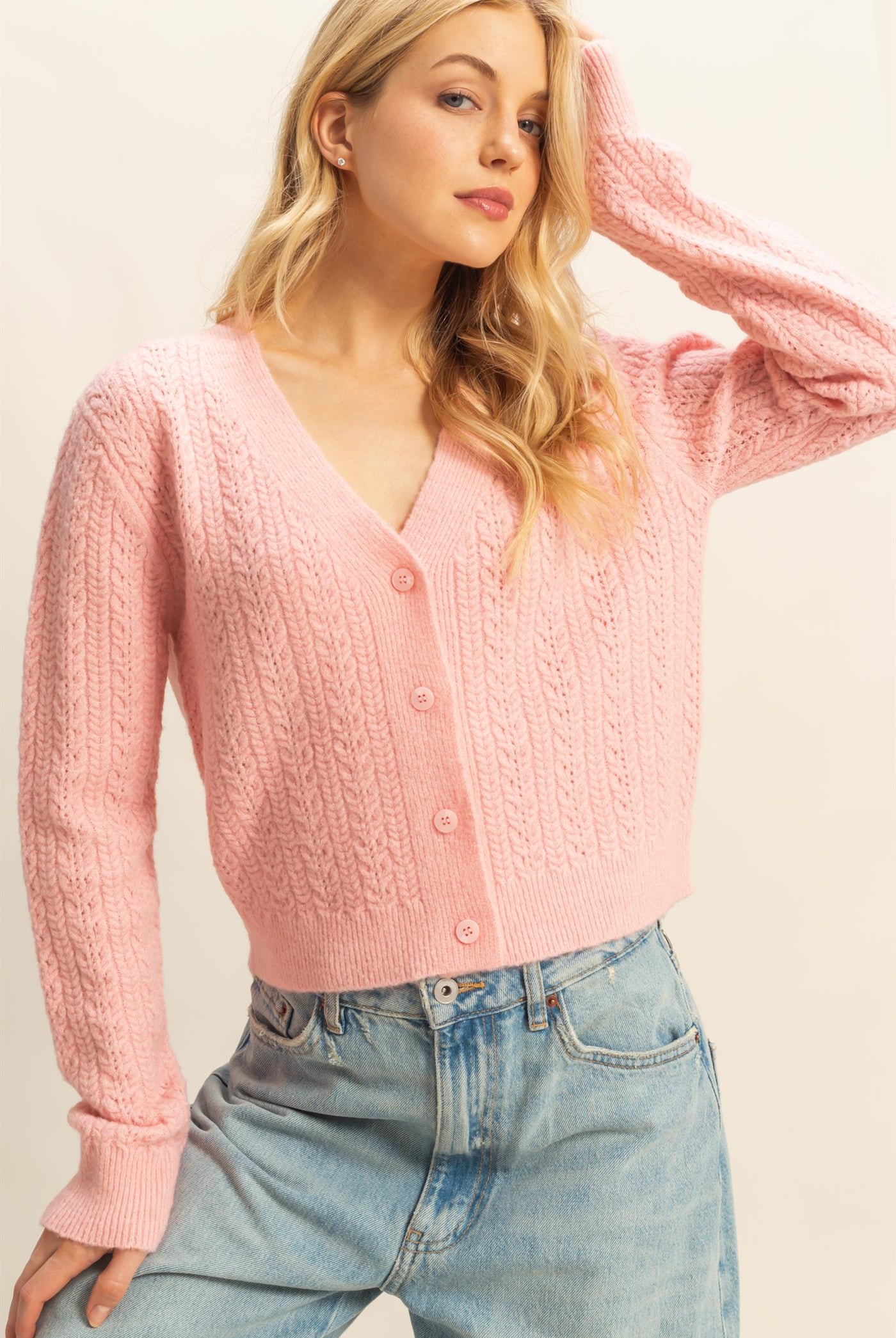 Wholesale Buttoned Cable Knit Sweater Cardigans HF25E396 PINK DOUBLE ZERO