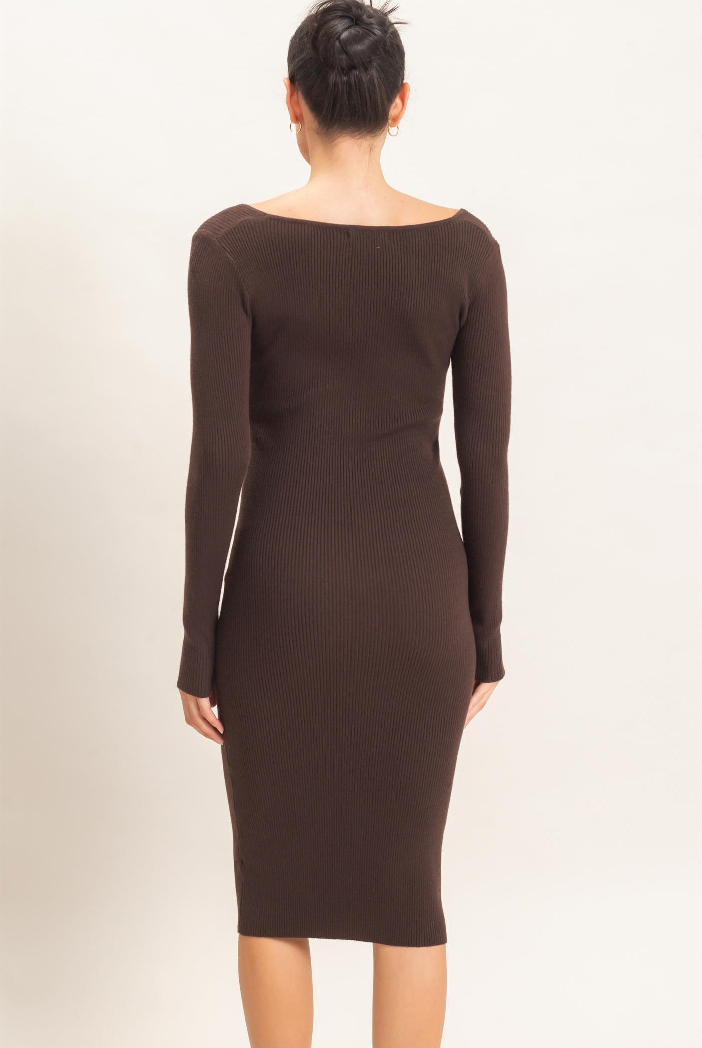 Wholesale Ribbed V-Neck Long Sleeve Dress Dresses HF26E217 DARK BROWN HYFVE