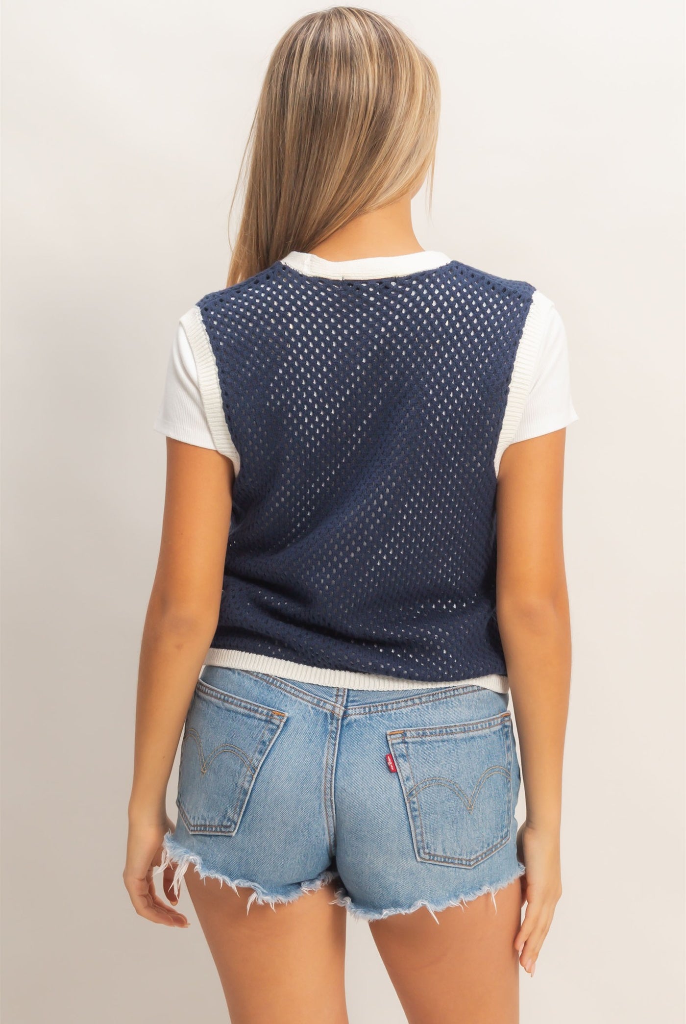 Wholesale Knit Vest With Tie Closure Sweaters HF26A238 NAVY/IVORY HYFVE