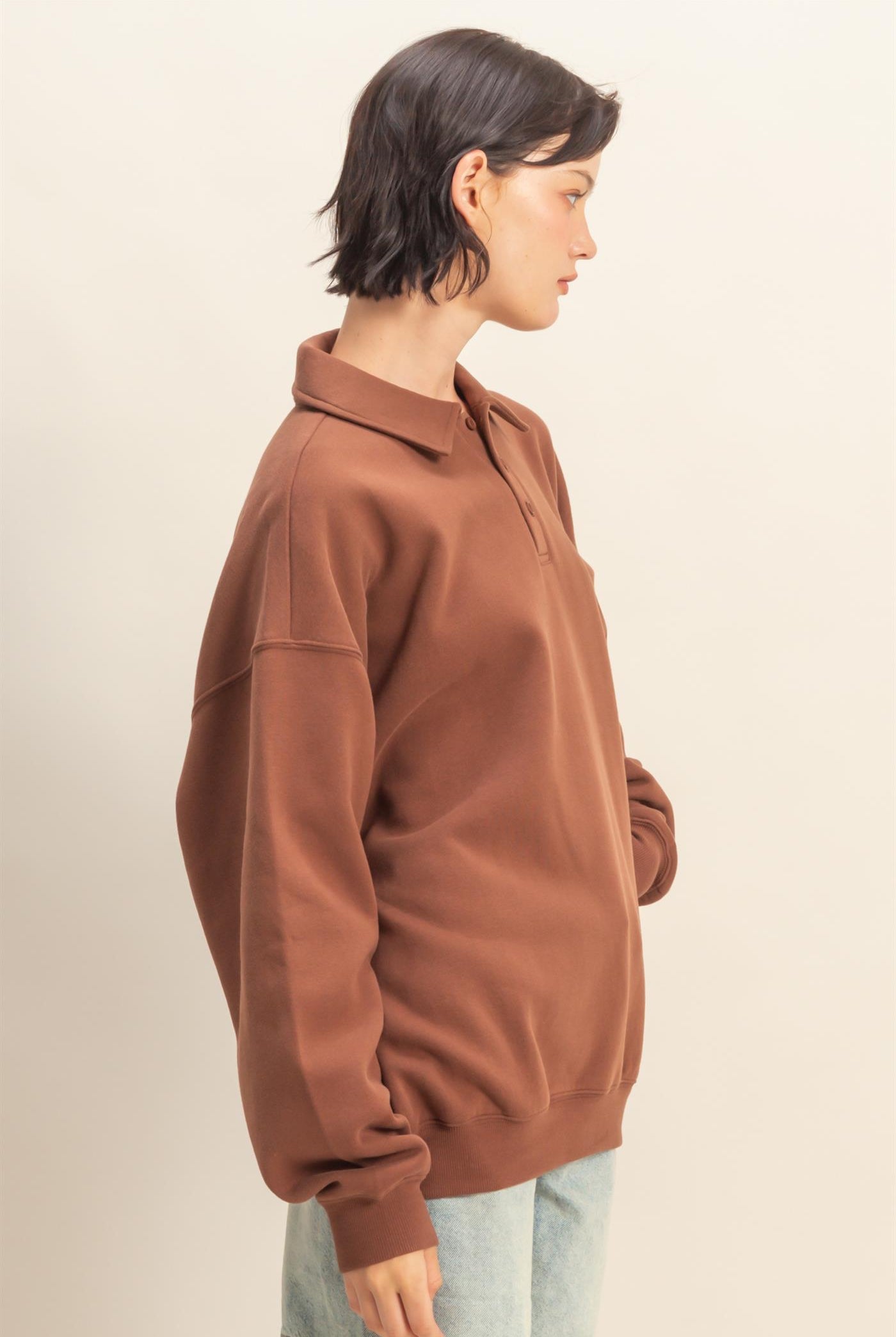 Wholesale Oversized Polo Collared Pullover Sweatshirts DZ25F074 CHESTNUT DOUBLE ZERO