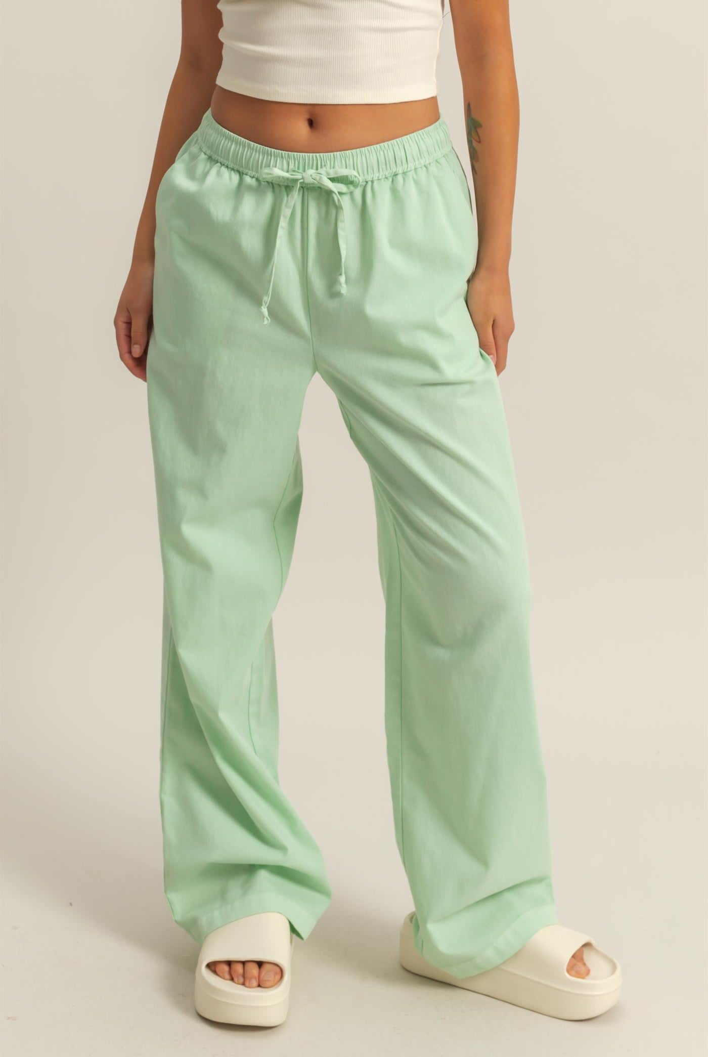 Wholesale Drawstring Waist Straight Leg Pants Pants DZ24A339 MINT DOUBLE ZERO