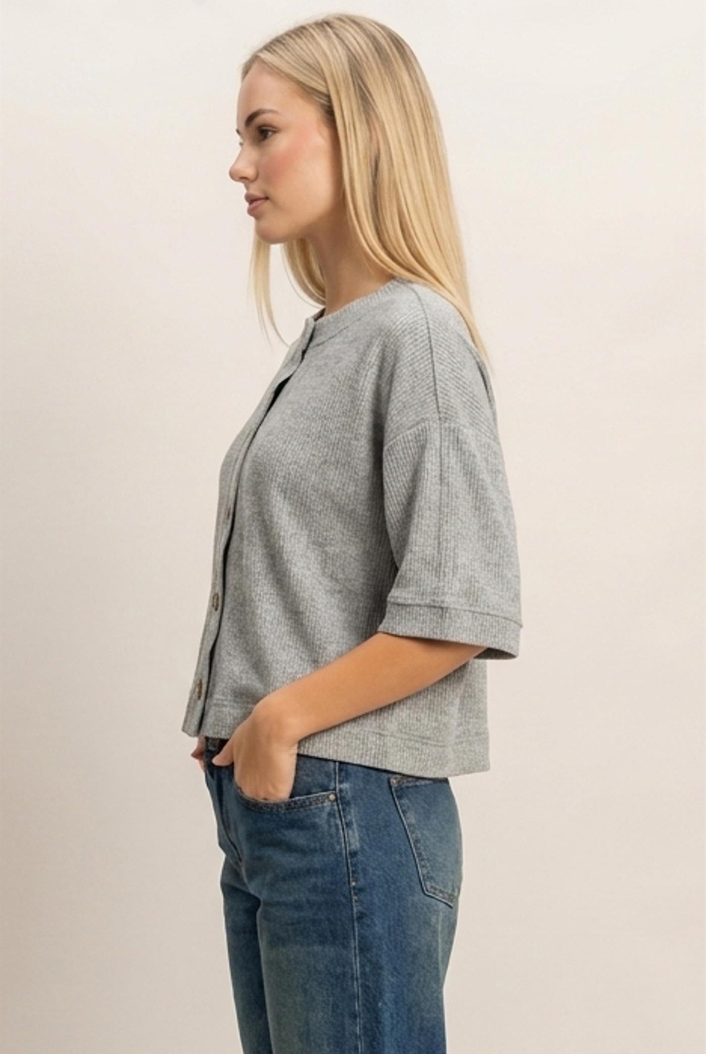 Wholesale Button-Down Short Sleeve Waffle Top Clothing Tops DZ26F244 HEATHER GRAY DOUBLE ZERO
