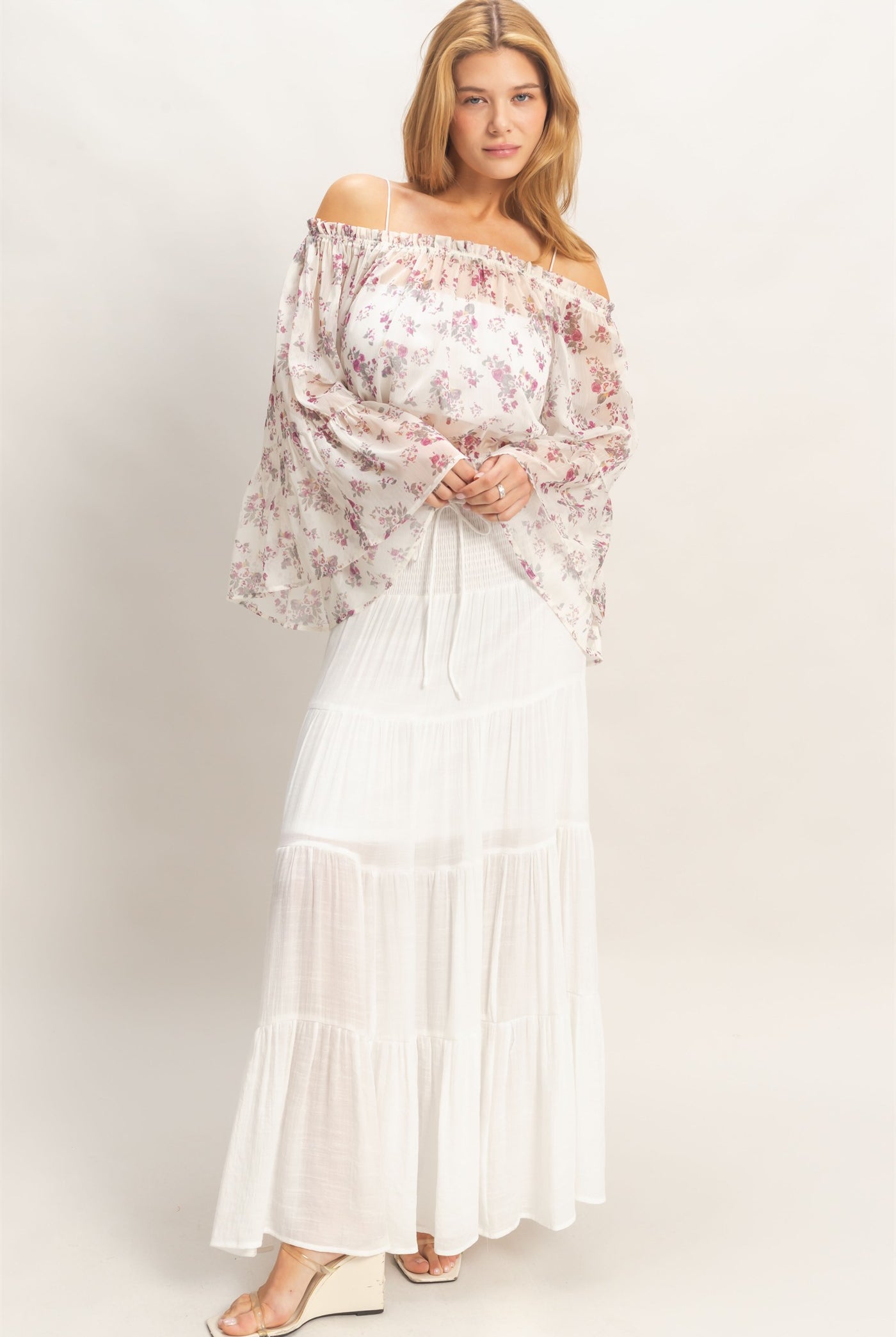 Wholesale Floral Off Shoulder Top Blouses HF26E647 ROSE WINE HYFVE