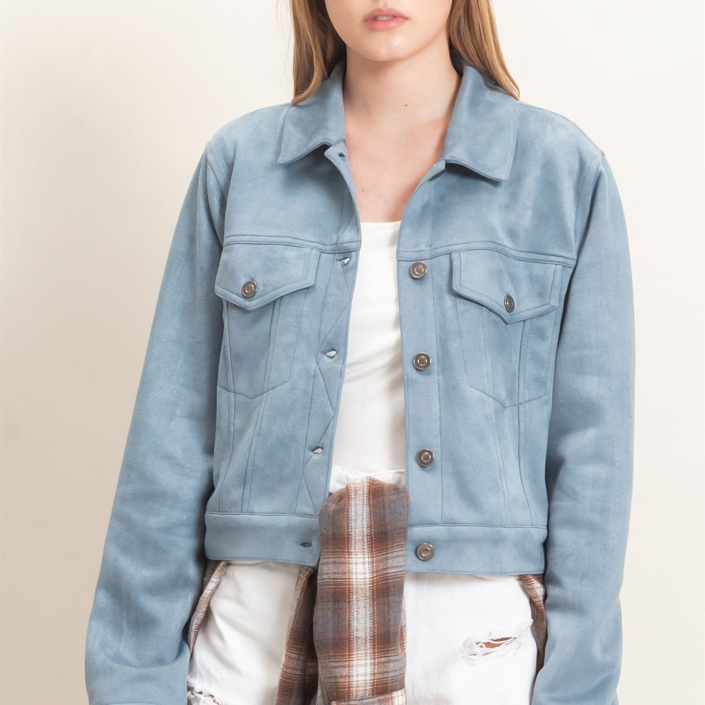 Wholesale Button-Up Suede Jacket Coats & Jackets HF26C772 STEEL BLUE HYFVE