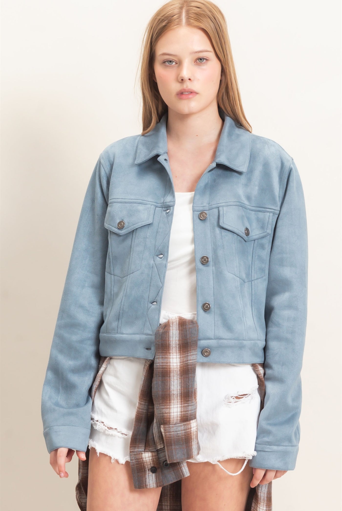 Wholesale Button-Up Suede Jacket Coats & Jackets HF26C772 STEEL BLUE HYFVE