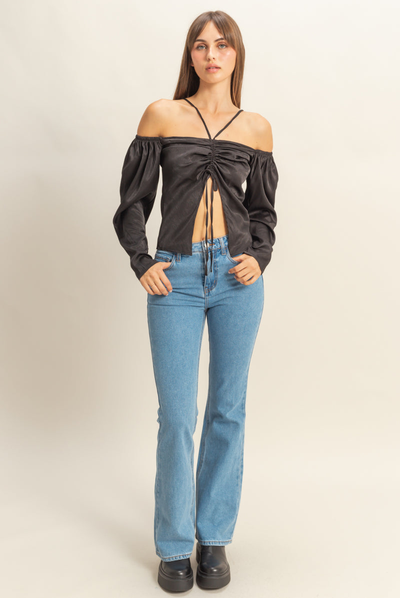Wholesale Tie-Front Off-Shoulder Blouse Clothing Tops FS22E859 BLACK HYFVE