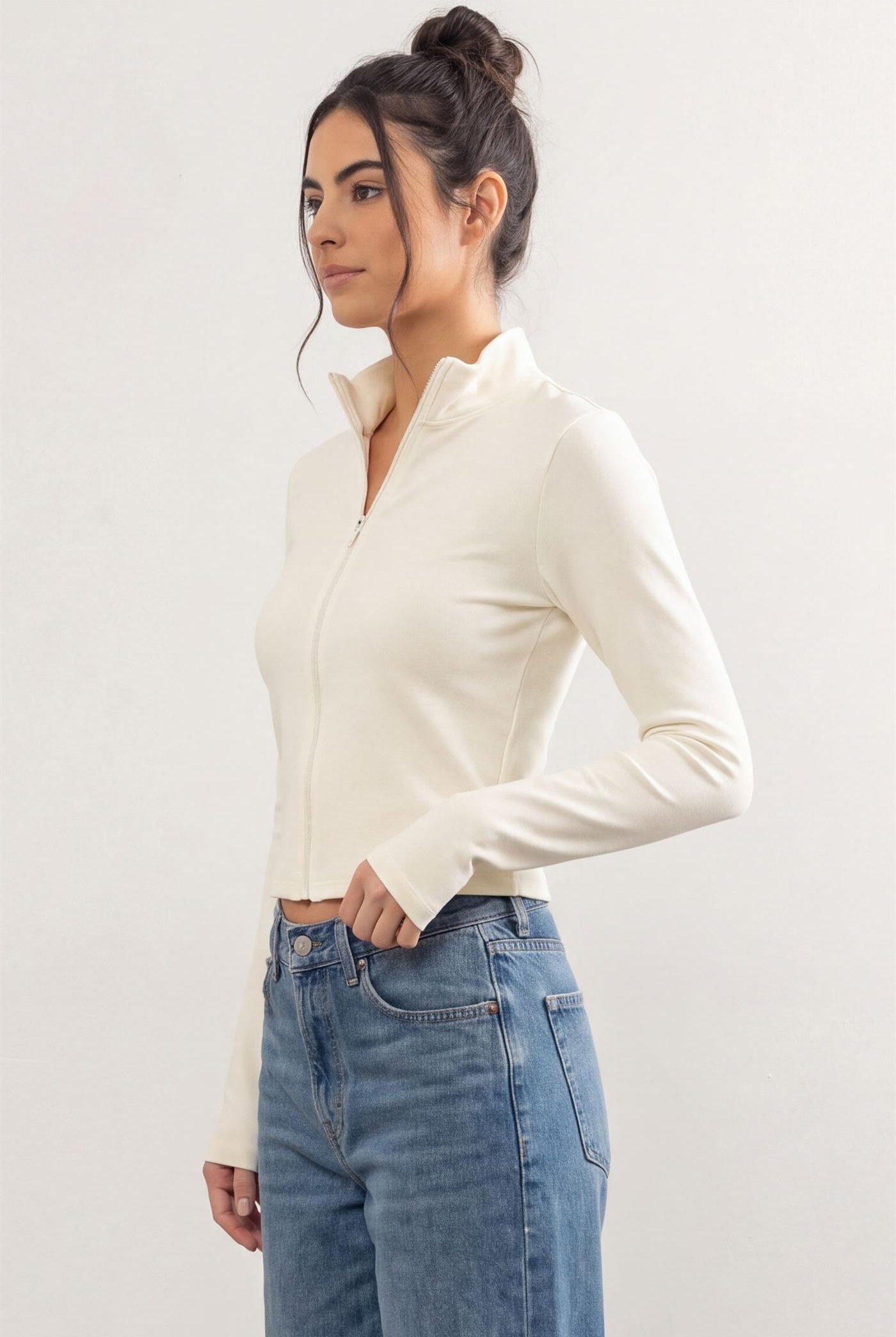 Wholesale Mock Neck Long Sleeve Zip Up Top Clothing Tops DZ26E911 CREAM DOUBLE ZERO