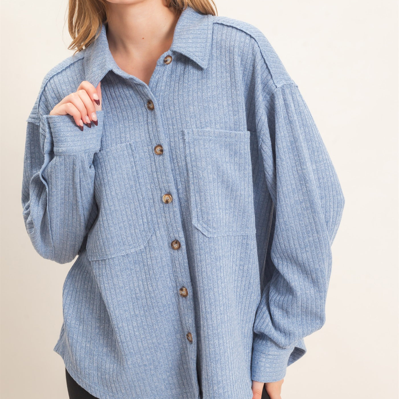 Wholesale Corduroy Button-Up Shirt Shirts HF26F138 BLUE HYFVE