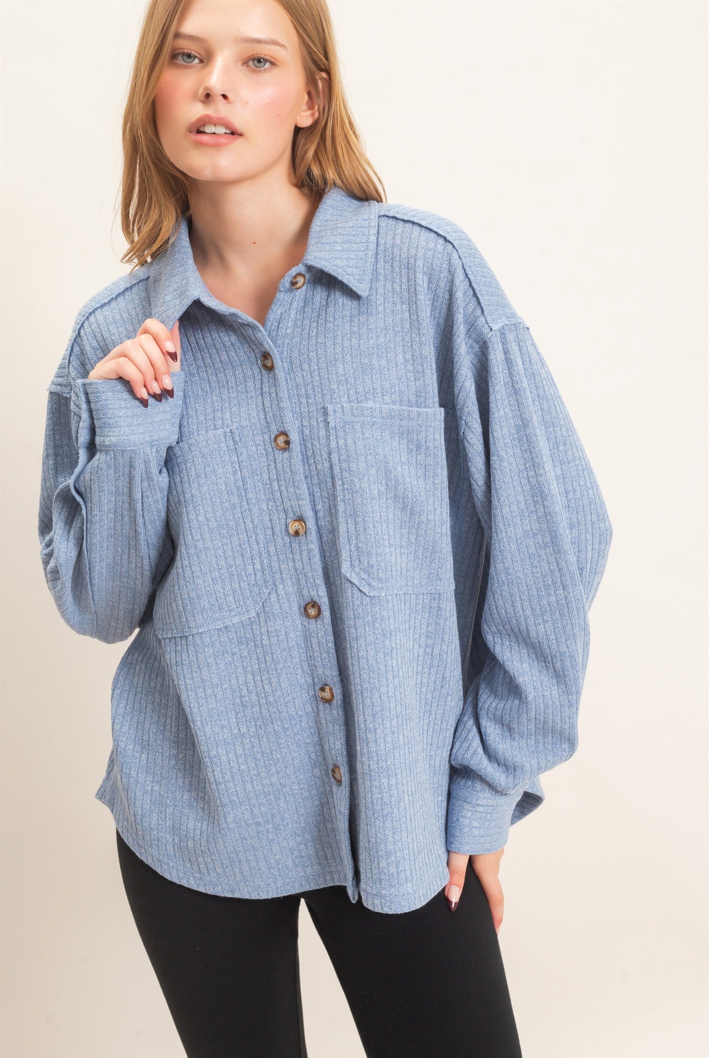 Wholesale Corduroy Button-Up Shirt Shirts HF26F138 BLUE HYFVE