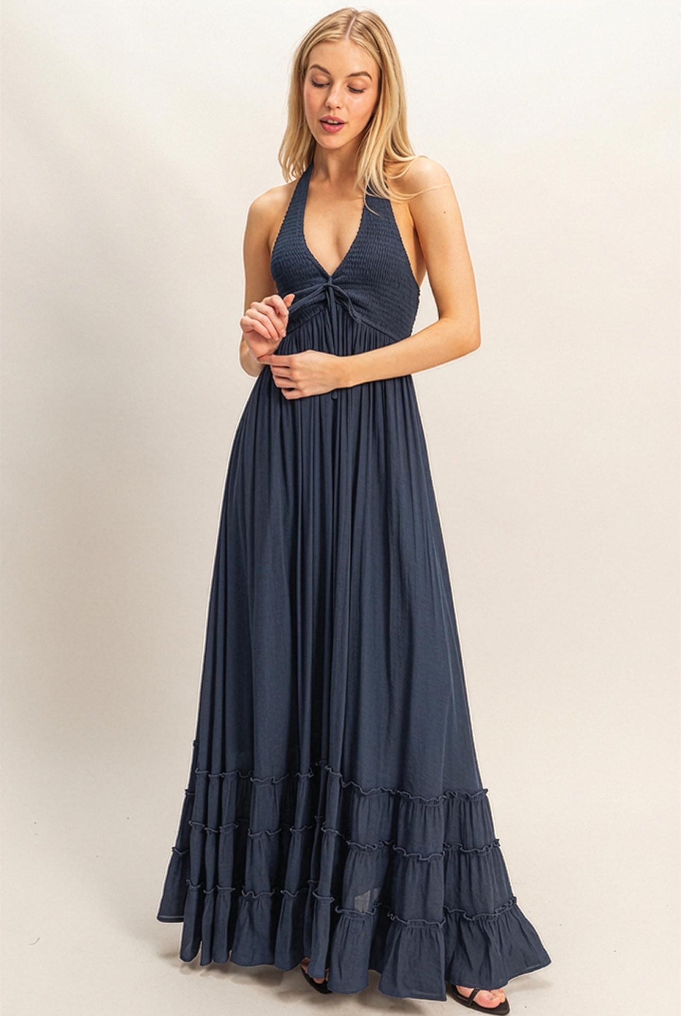 Wholesale Halter Neck Smocked Maxi Dress Dresses HF26C287-D DARK NAVY HYFVE