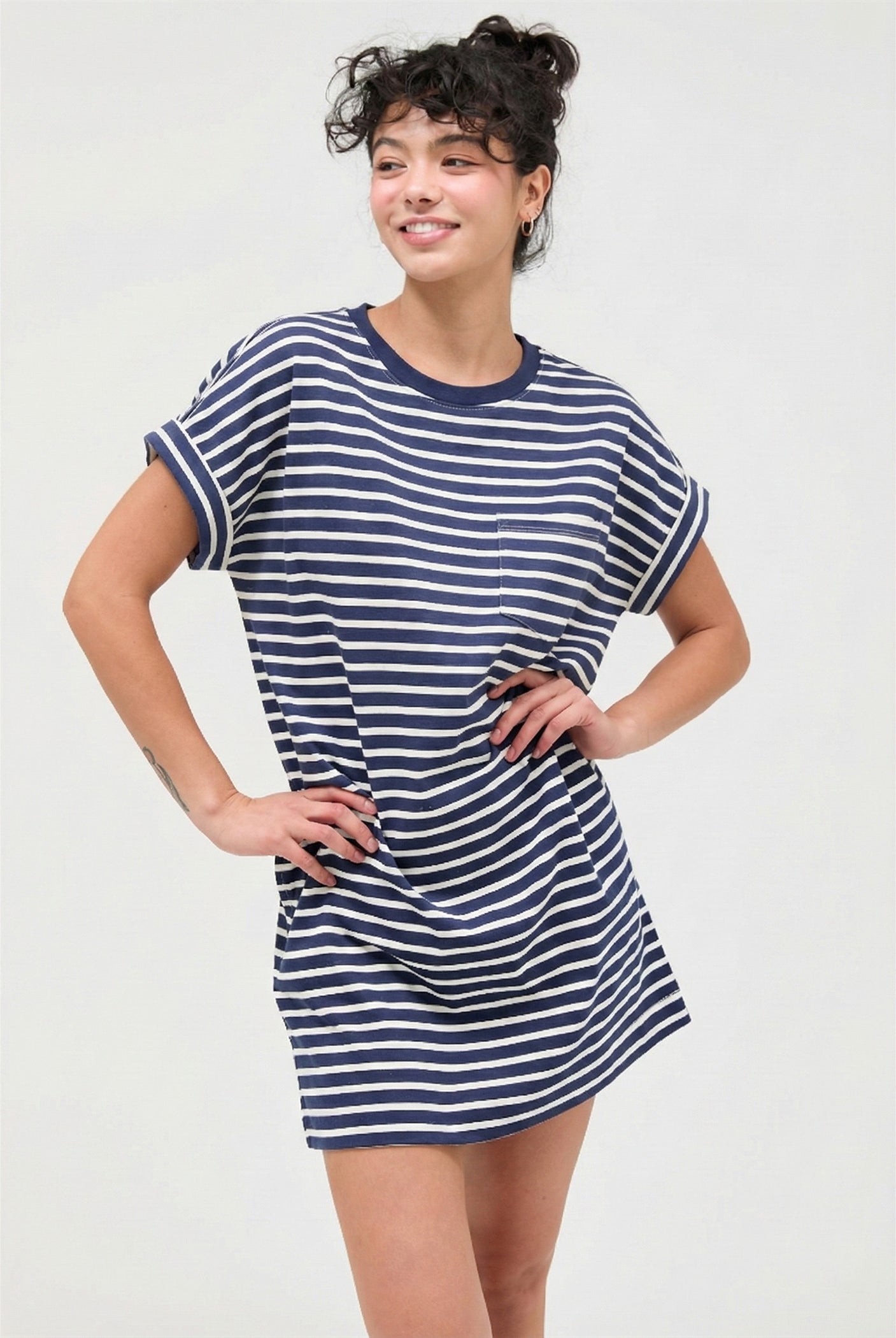 Wholesale Striped T-Shirt Mini Dress Dresses DZ26C067 NAVY DOUBLE ZERO
