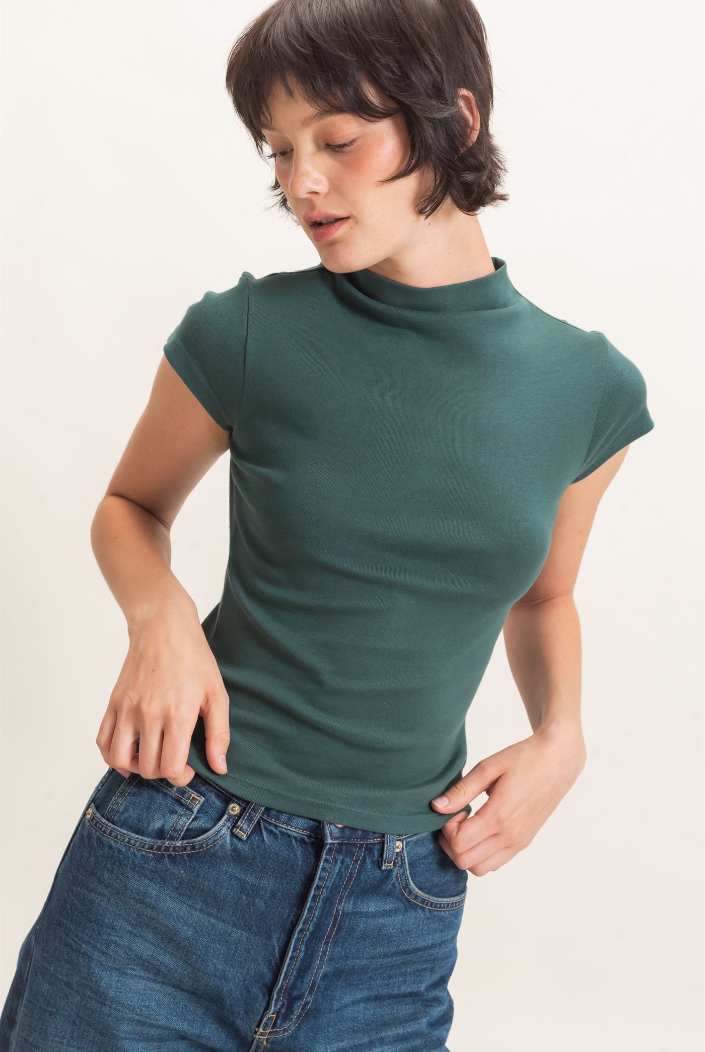 Wholesale Mock Neck Cap Sleeve Top Clothing Tops DZ26E323 DARK GREEN DOUBLE ZERO