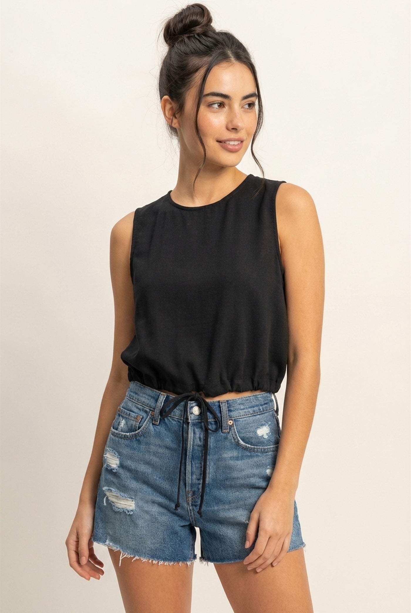 Wholesale Sand Washed Sleeveless Crop Top Clothing Tops DZ25C515 BLACK DOUBLE ZERO