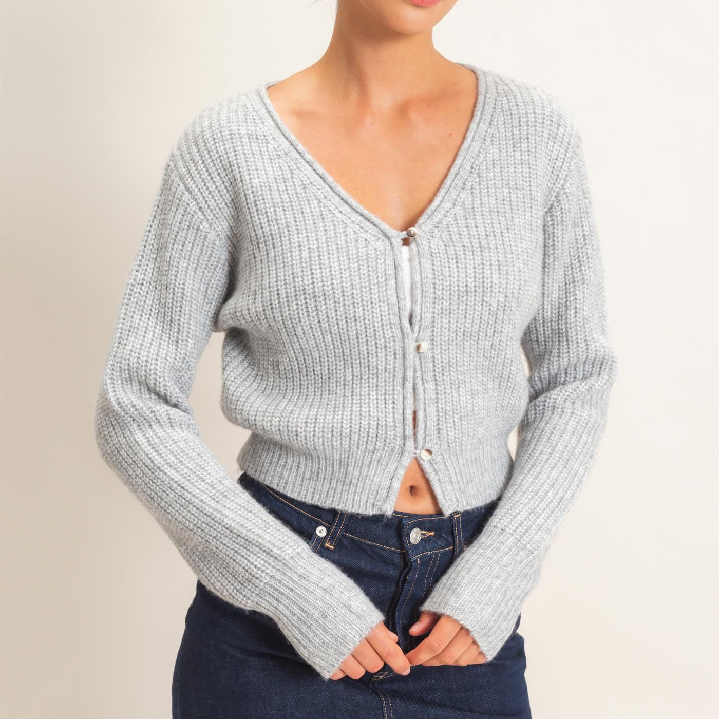 Wholesale V-Neck Ribbed Cardigan Cardigans DZ26E106 HEATHER GRAY DOUBLE ZERO