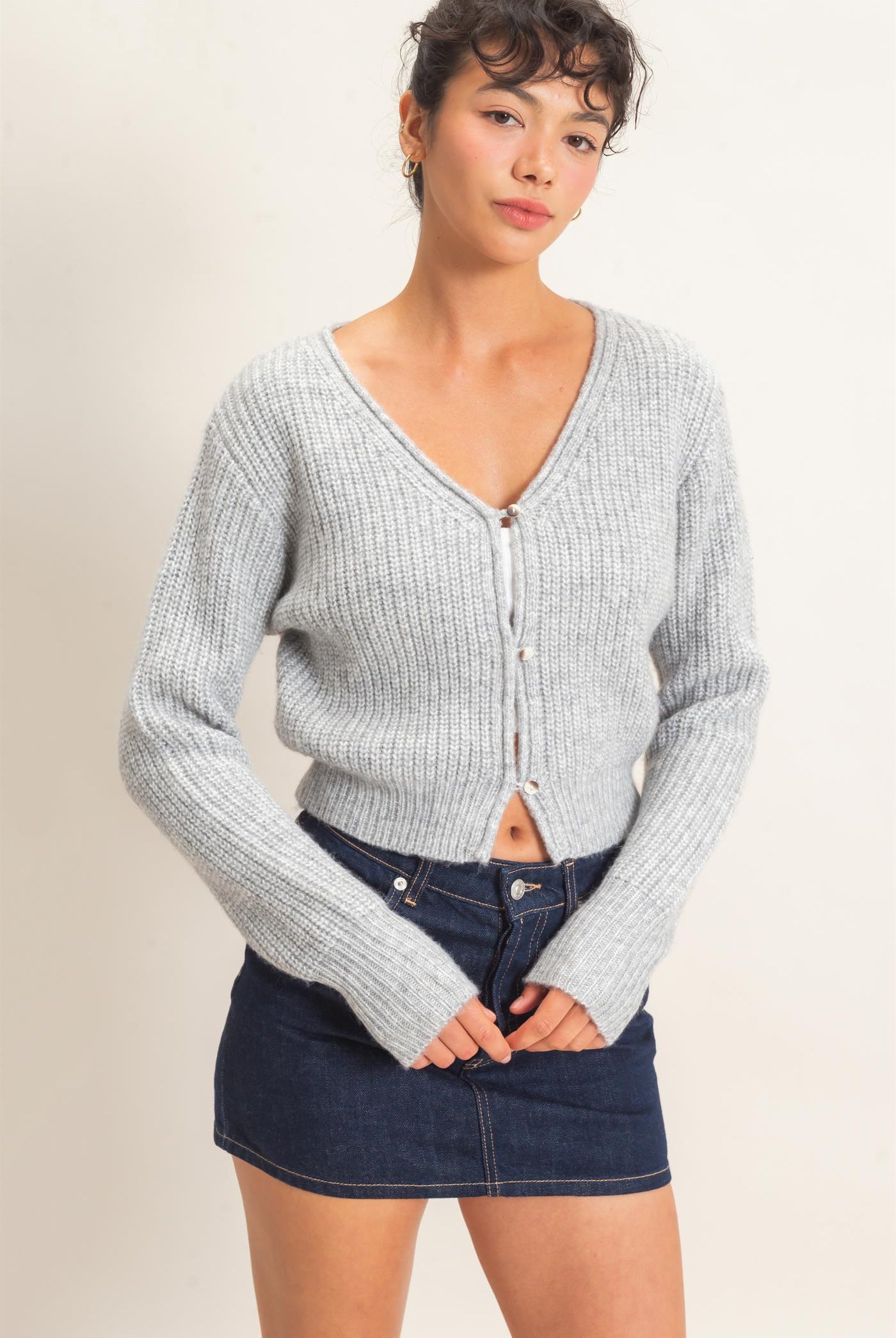 Wholesale V-Neck Ribbed Cardigan Cardigans DZ26E106 HEATHER GRAY DOUBLE ZERO