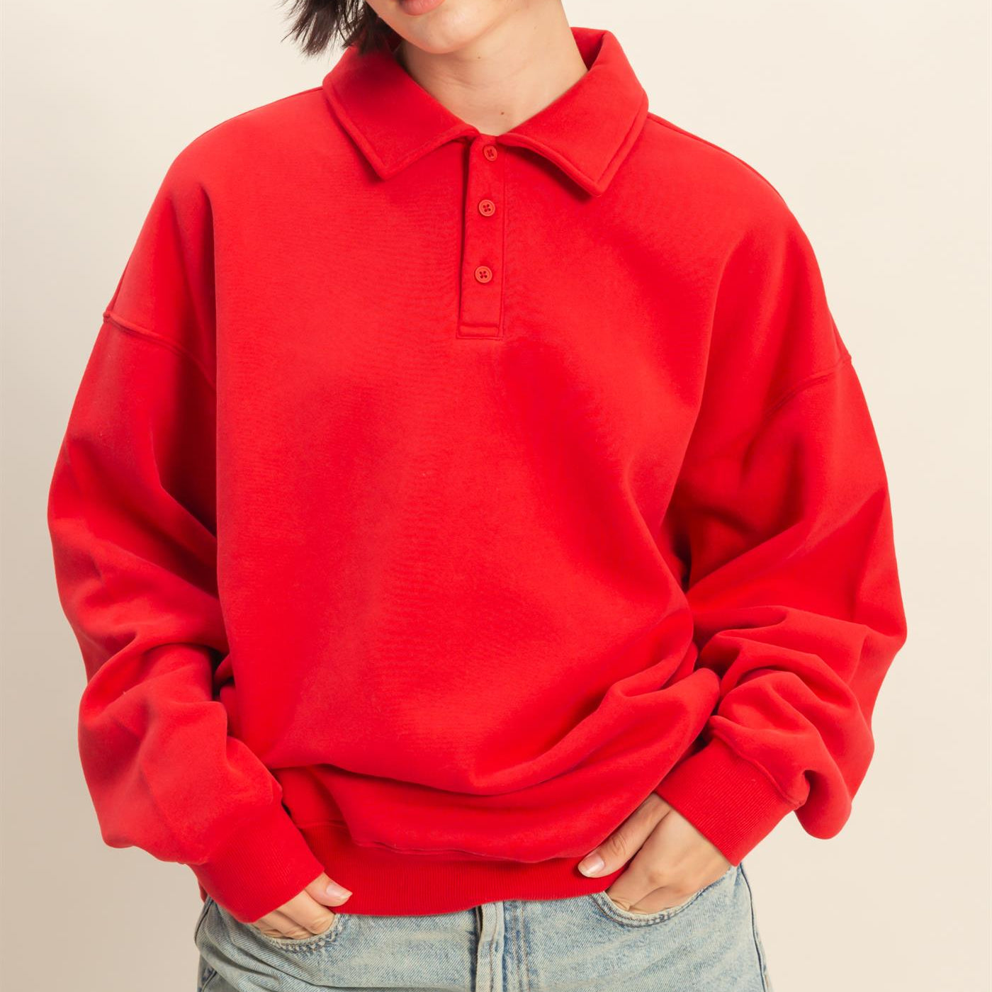 Wholesale Oversized Polo Collared Pullover Sweatshirts DZ25F074 RED DOUBLE ZERO