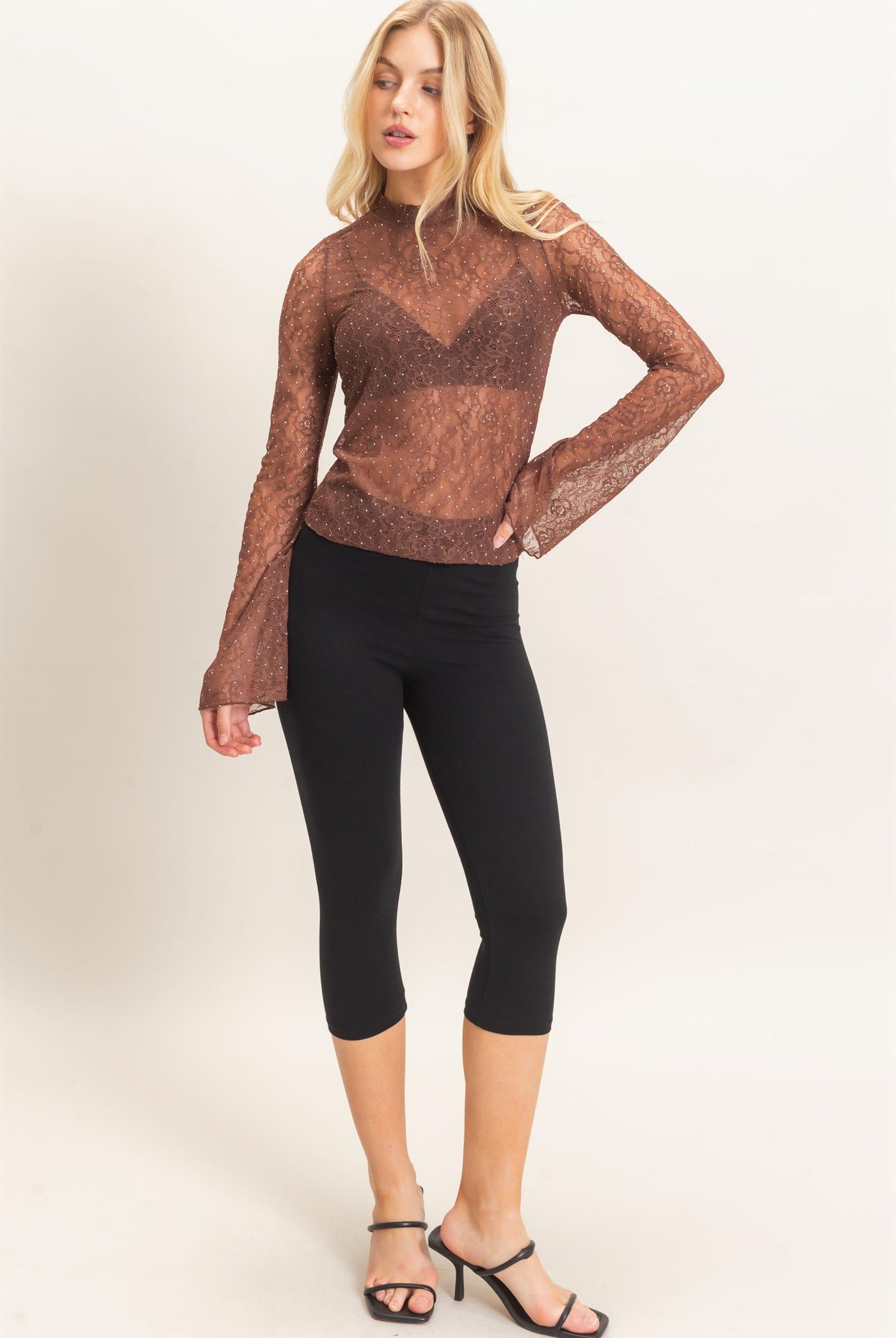 Wholesale Sheer Lace Gem-Embellished Top Clothing Tops HF26F055 BROWN HYFVE