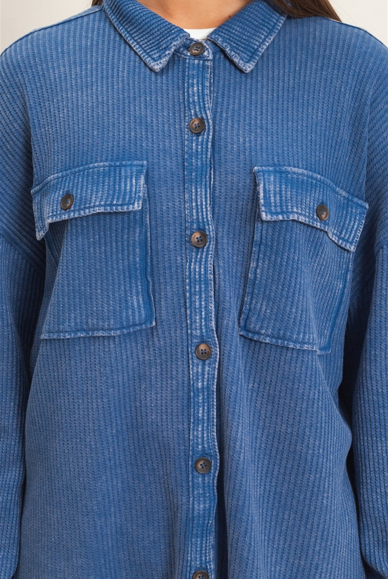 Wholesale Mineral Wash Waffle Knit Button-Up Shacket Coats & Jackets DZ26E249 NAVY DOUBLE ZERO