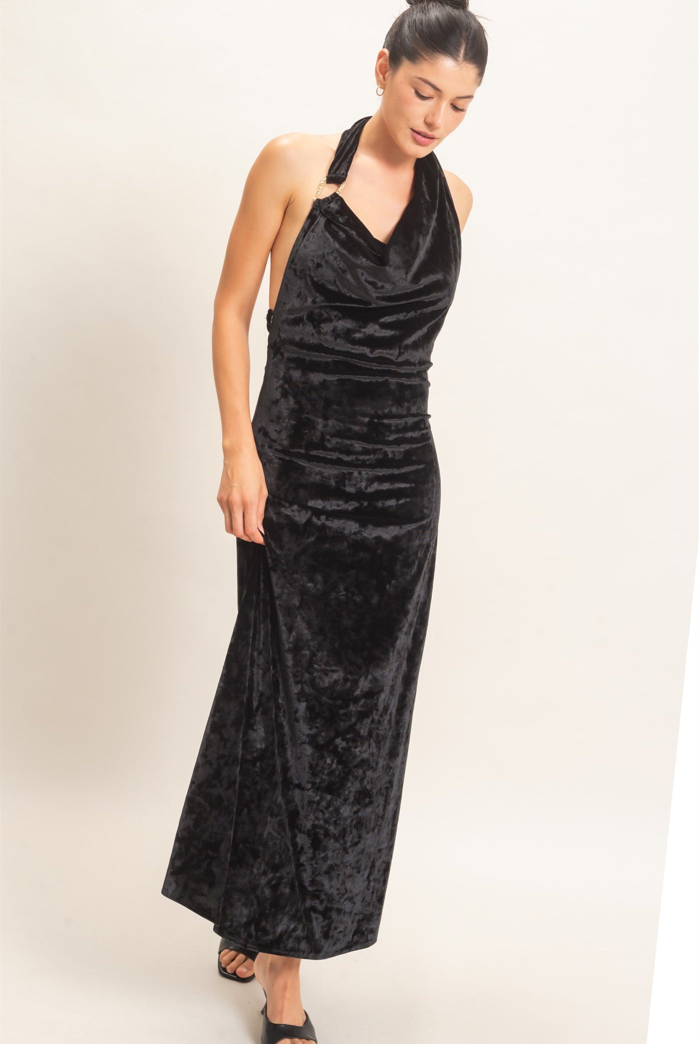 Wholesale Velvet Cowl Neck Halter Dress Dresses HF26F178 BLACK HYFVE