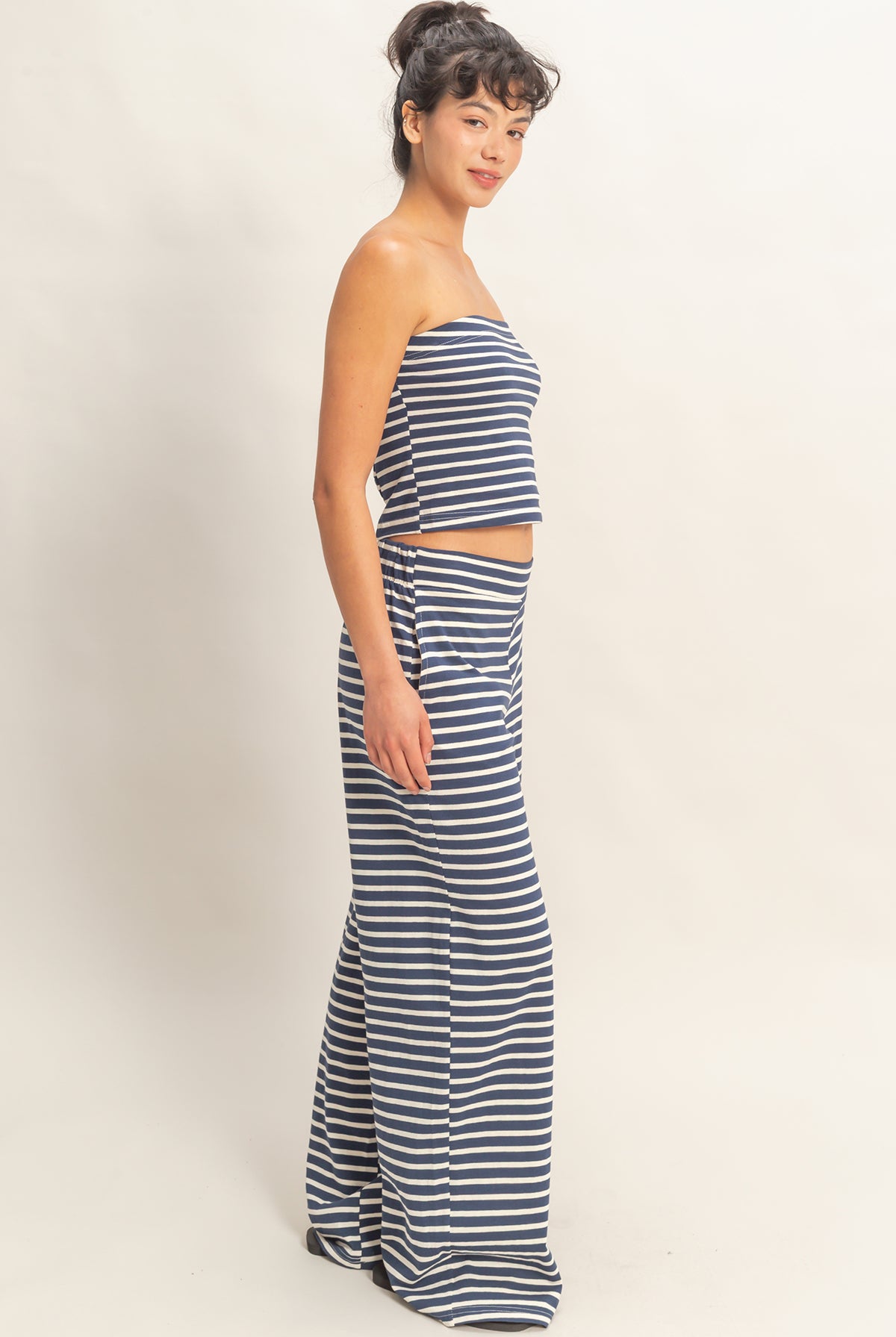 Wholesale Striped Jersey Tube Top And Pants Set Clothing DZ26C621-SET NAVY DOUBLE ZERO