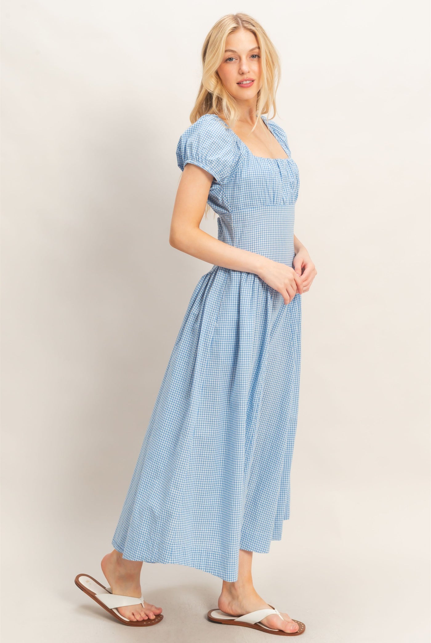 Wholesale Gingham Puff Sleeve Dress Dresses HF26A321 BLUE HYFVE