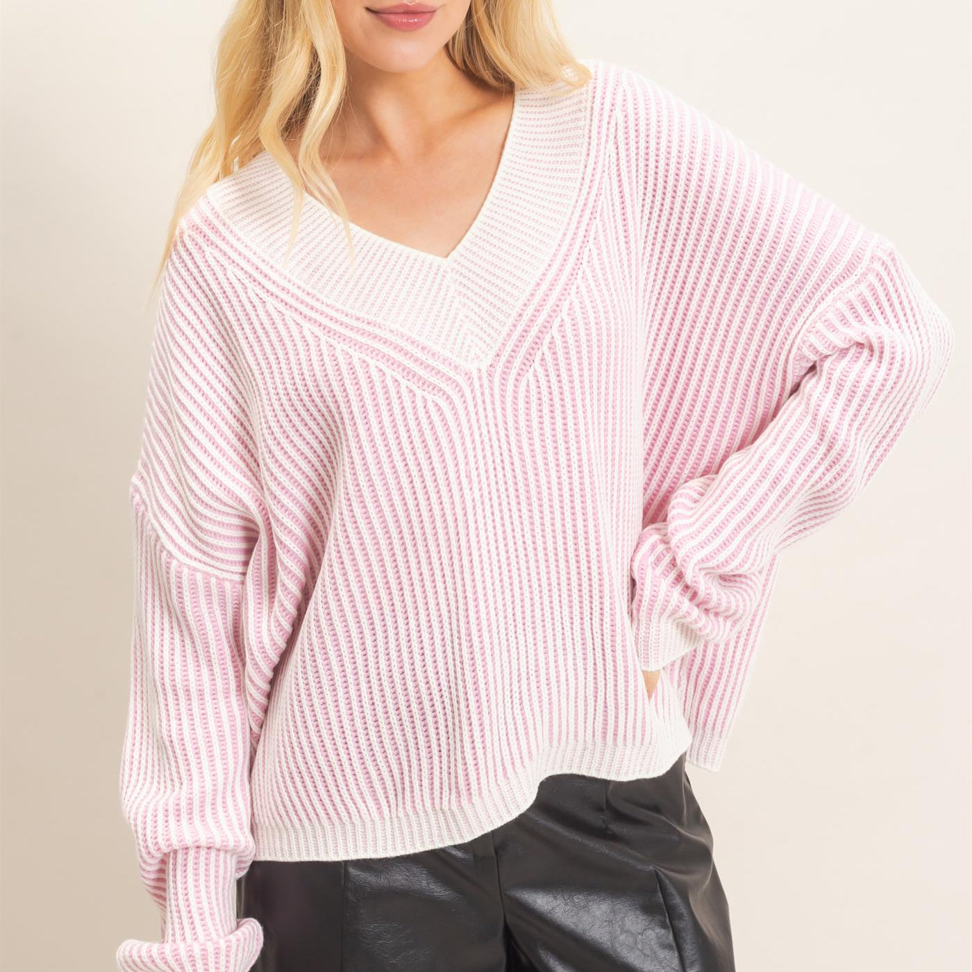 Wholesale Striped V-Neck Ribbed Sweater Sweaters HF26F202 PINK HYFVE