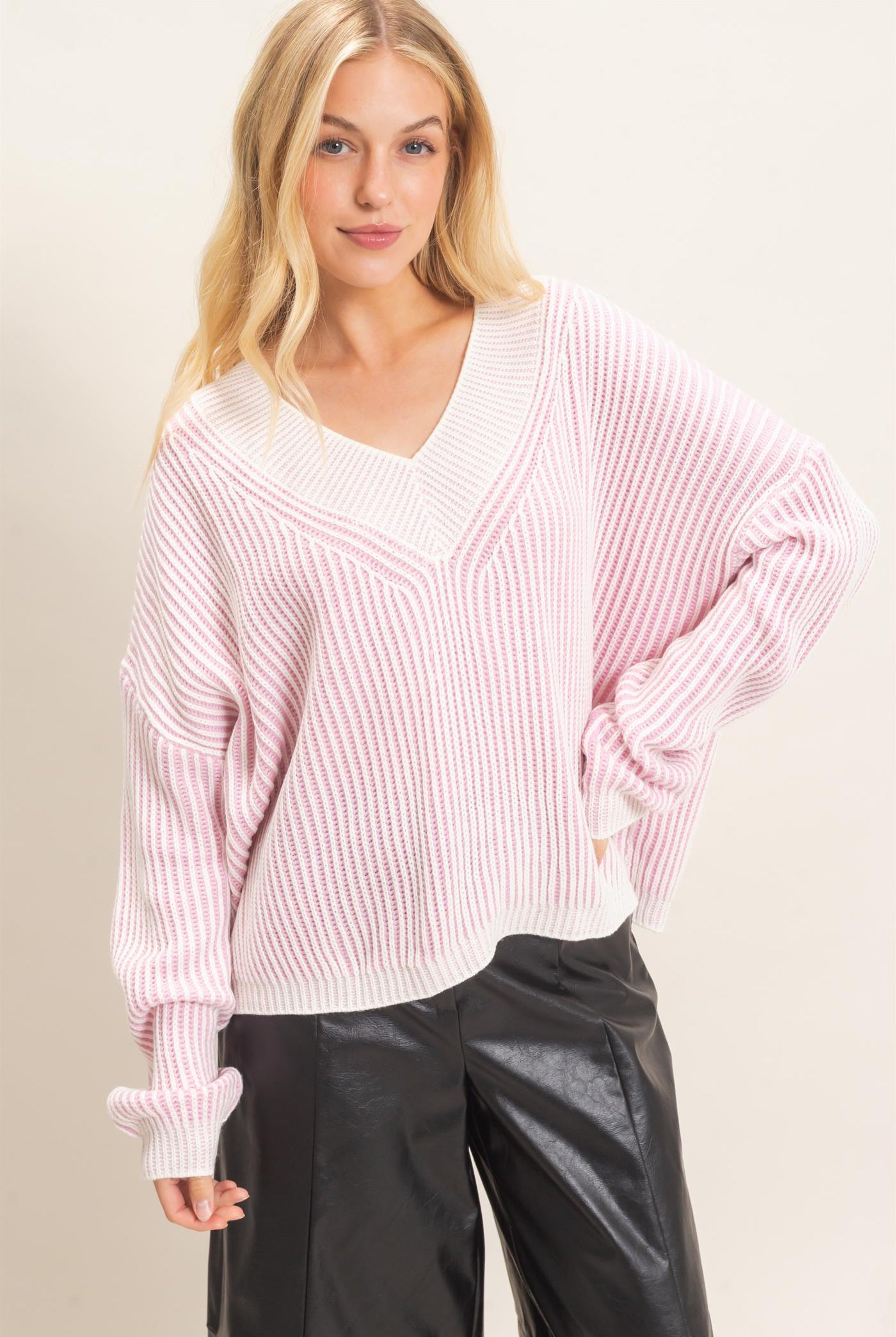 Wholesale Striped V-Neck Ribbed Sweater Sweaters HF26F202 PINK HYFVE