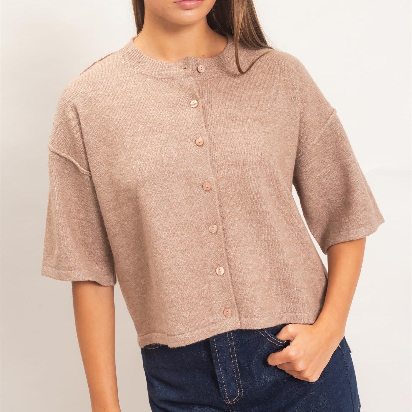 Wholesale Drop Shoulder Short Sleeve Cardigan Cardigans DZ26E238 DARK TAUPE DOUBLE ZERO