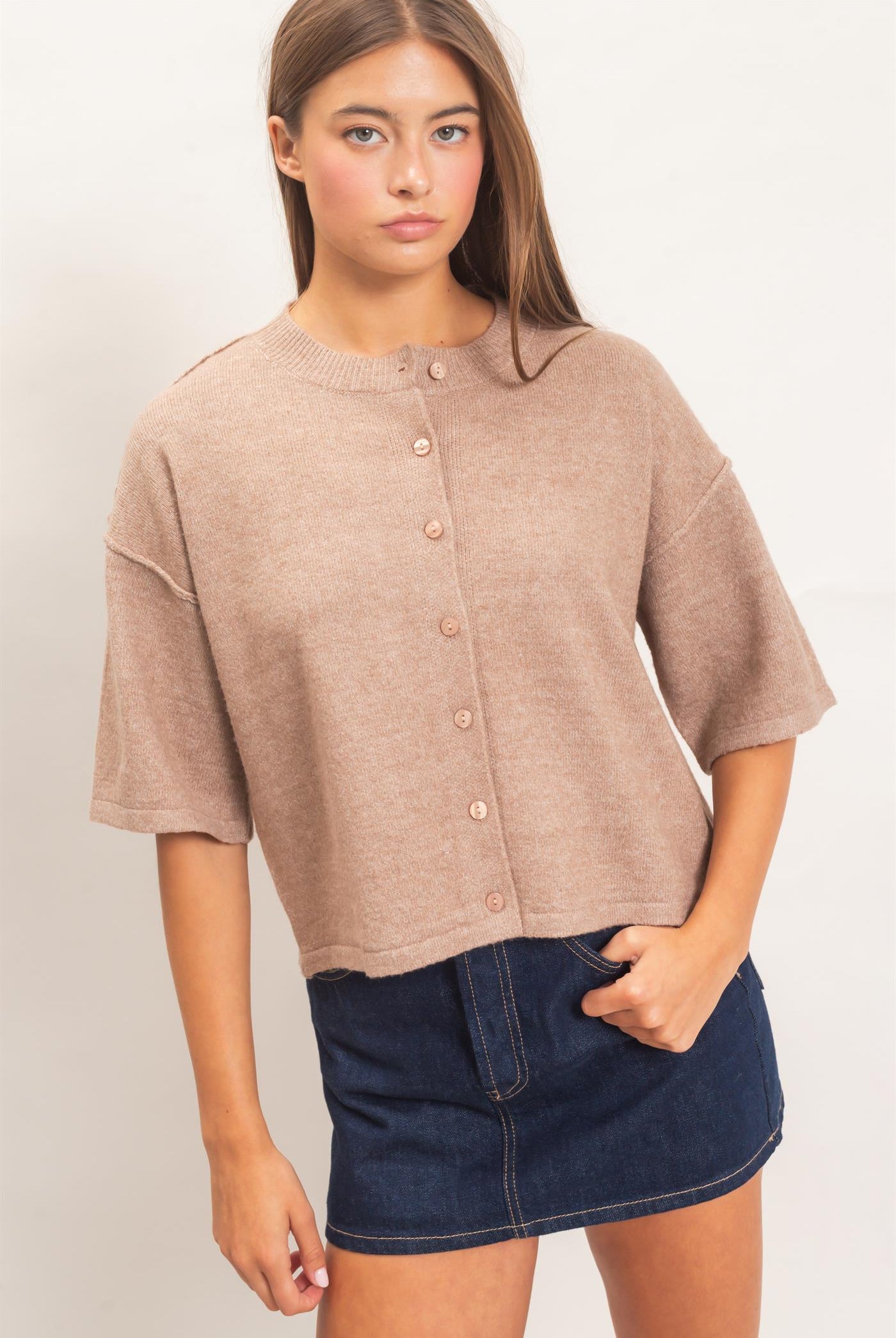 Wholesale Drop Shoulder Short Sleeve Cardigan Cardigans DZ26E238 DARK TAUPE DOUBLE ZERO